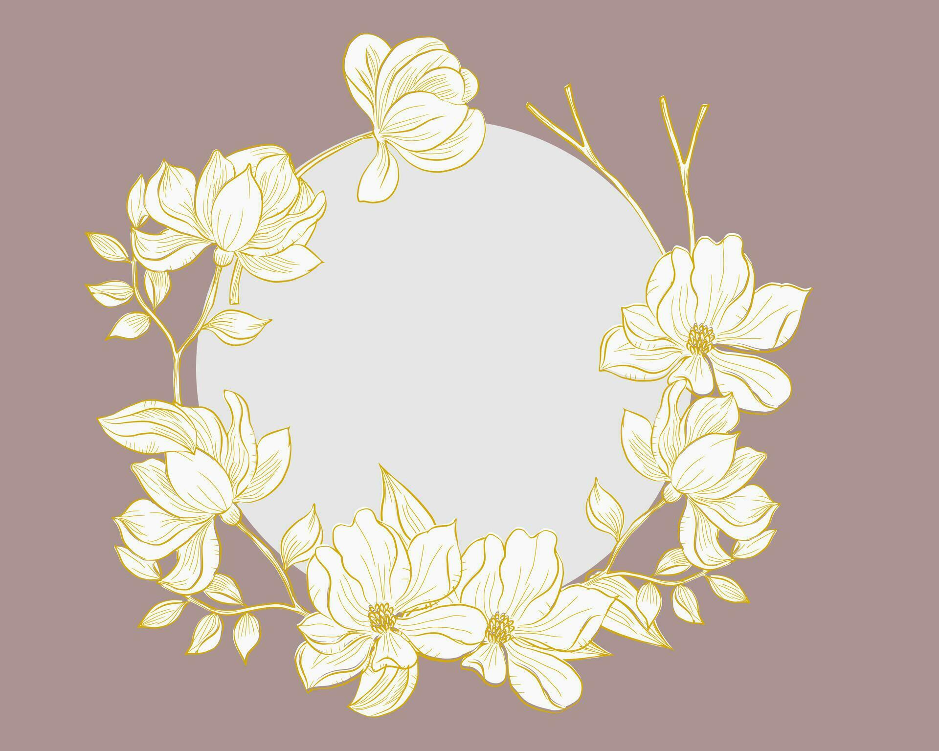 Hand Drawn Gold Magnolia Flower Wreath Stock Free