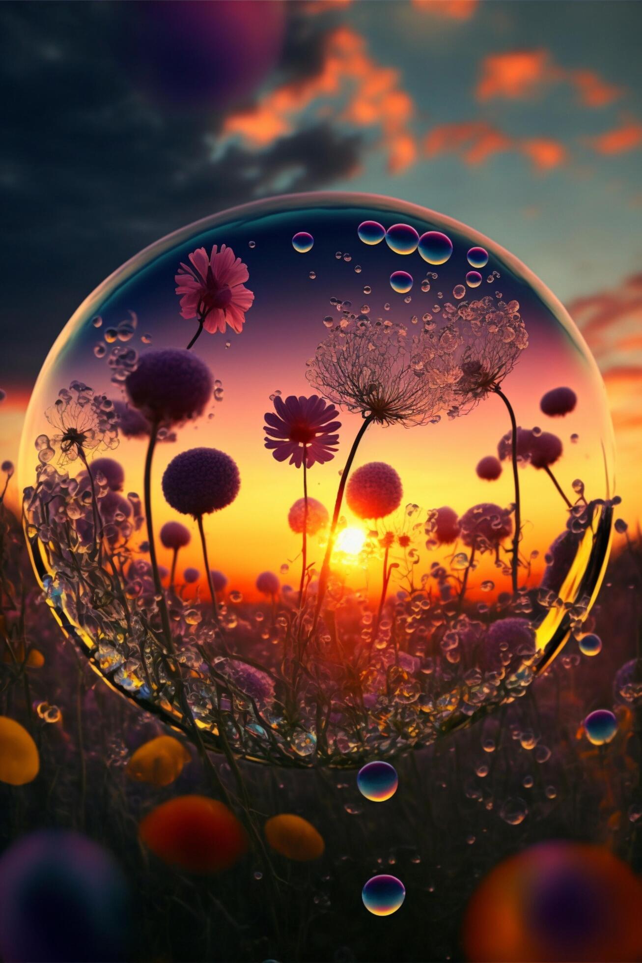 glass ball sitting on top of a field of flowers. . Stock Free