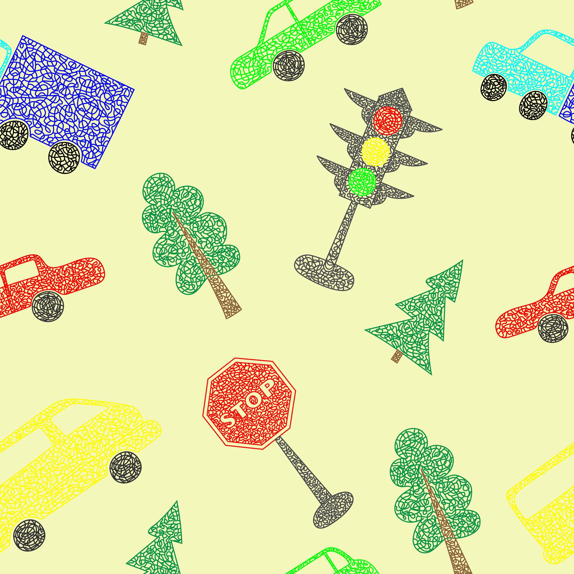 Seamless pattern with hand drawn cars on yellow background in childrens naive style. Free Vector