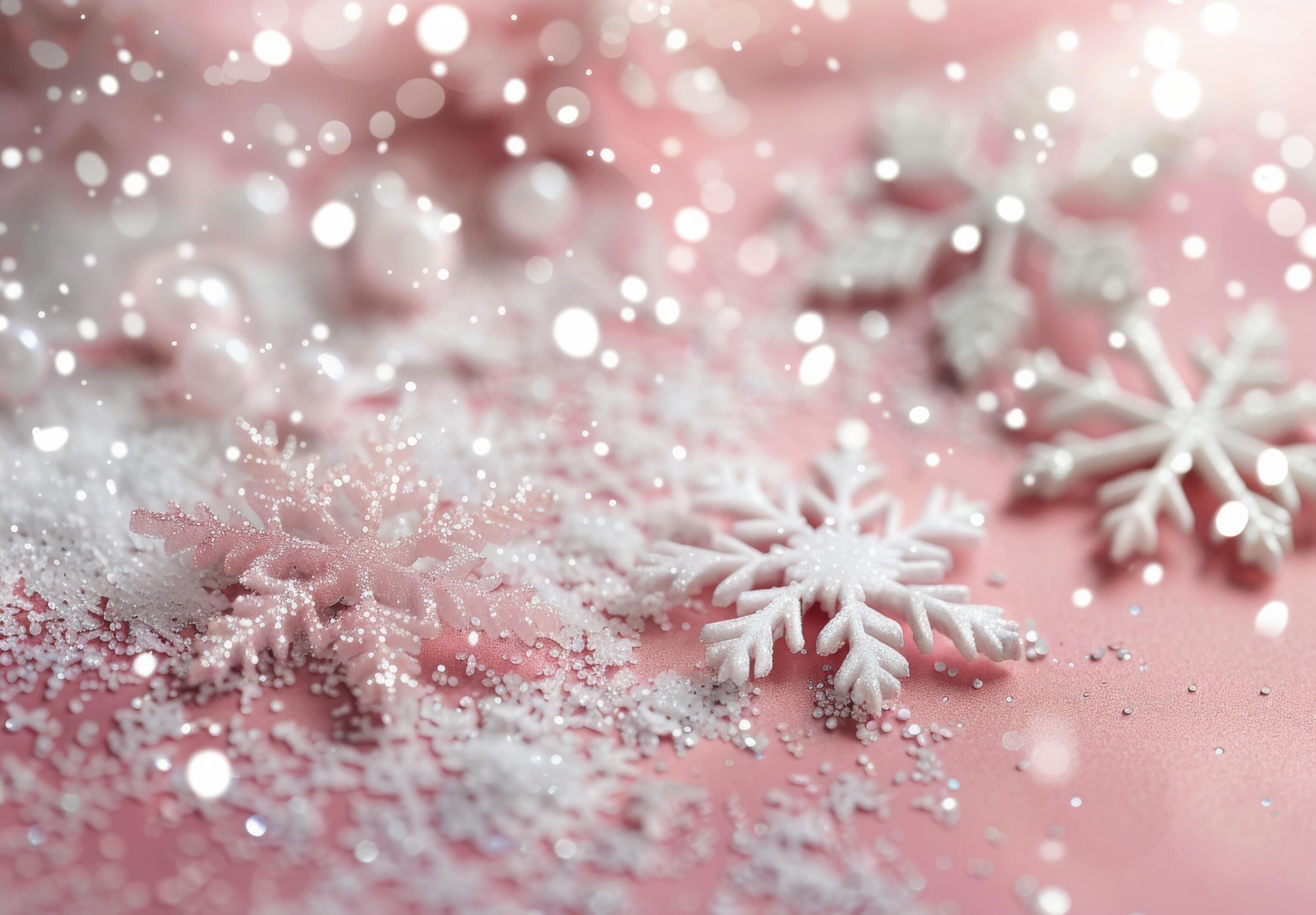 Snowflakes Gently Falling Over Frosty Branches on a Soft Pink Background Stock Free