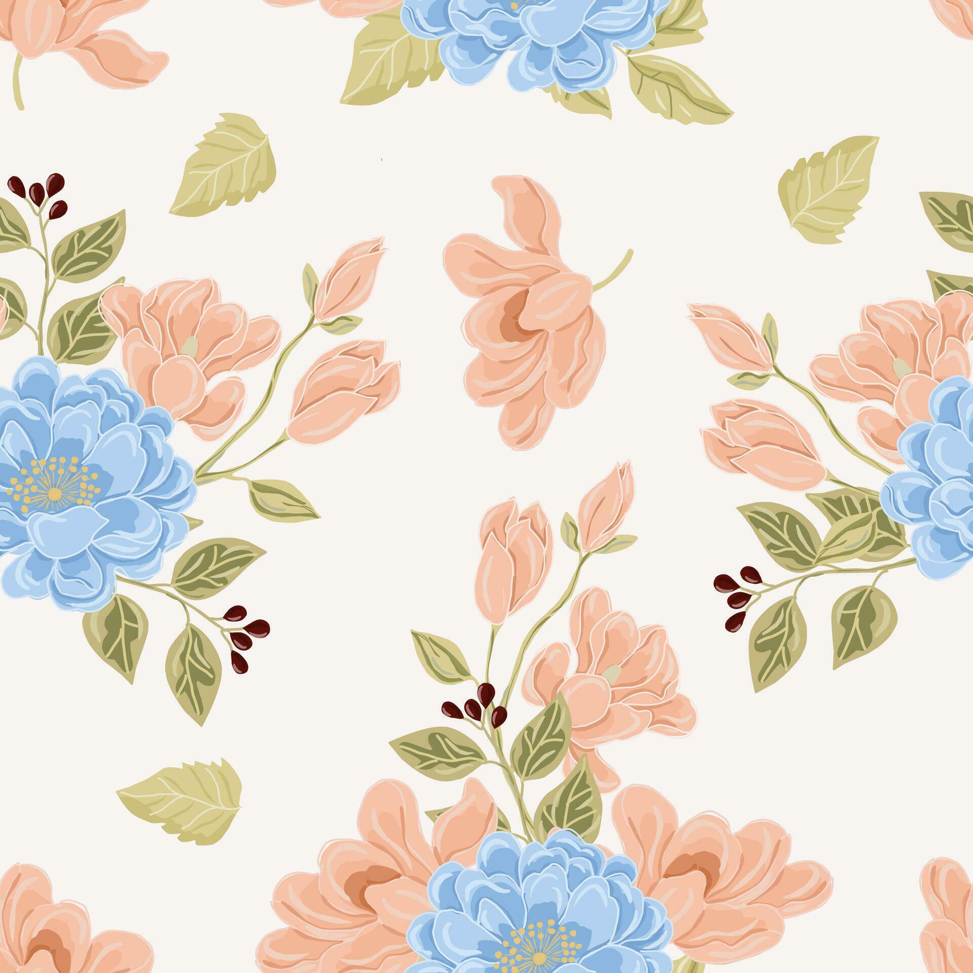 Hand Drawn Magnolia and Rose Flower Seamless Pattern Stock Free