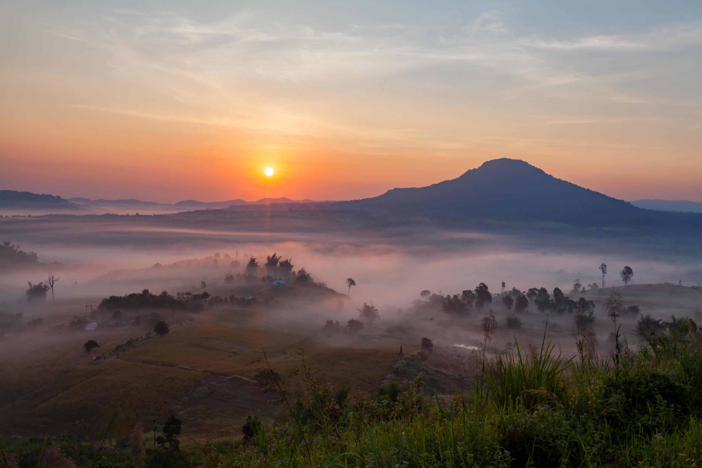 fog in morning sunrise and road at Khao Takhian Ngo View Point at Khao-kho Phetchabun,Thailand Stock Free