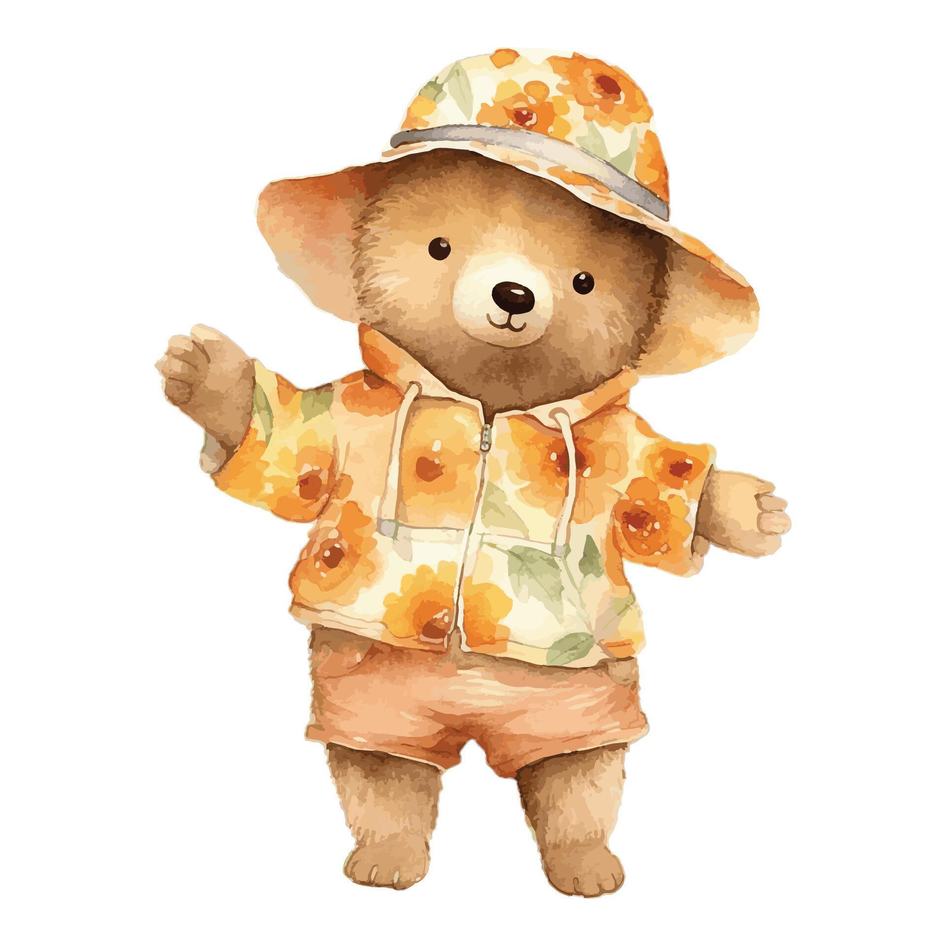 Watercolor Cute Bear Wearing Flower Hat And Jacket Concept Stock Free