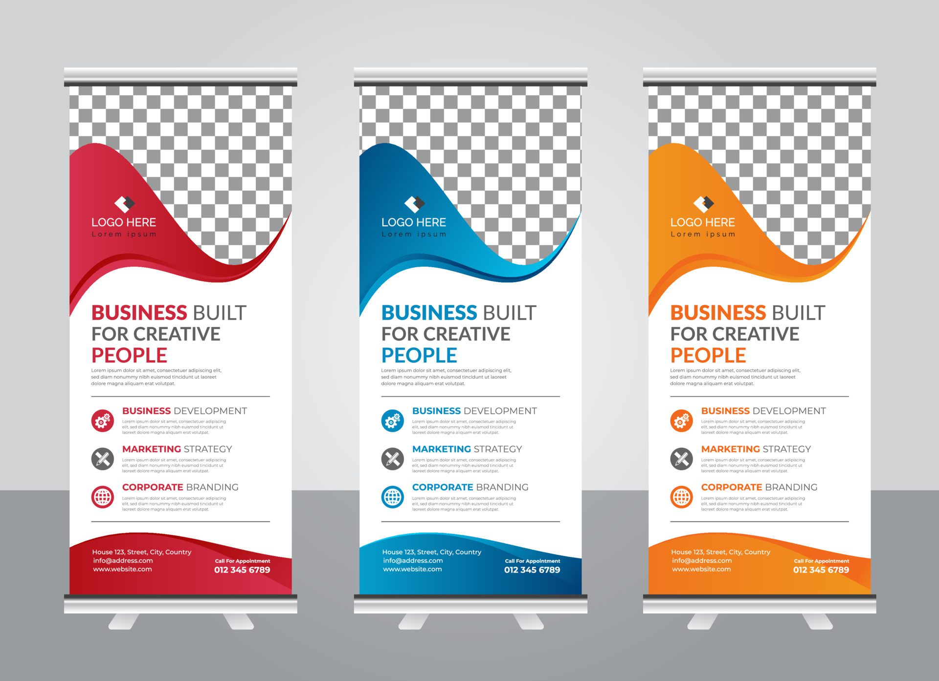 Professional Modern corporate colorful roll up standee banner design template Free Vector