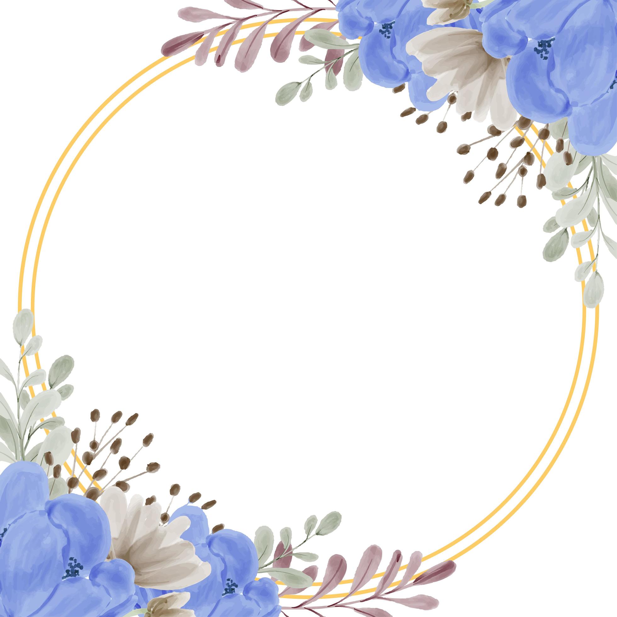 Watercolor blue peony flower frame with golden circle Stock Free