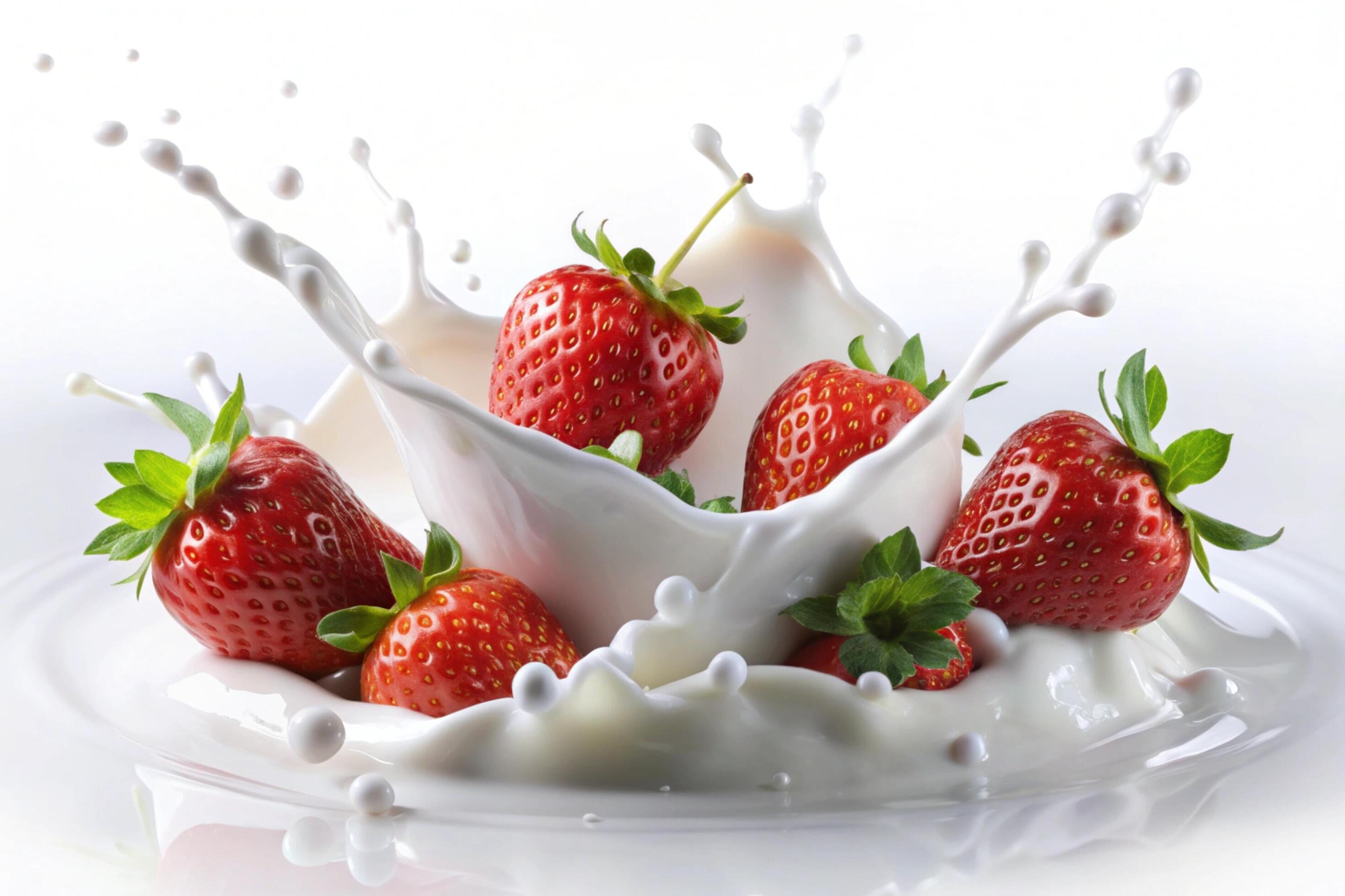 Milk splashes with strawberry on white background Stock Free