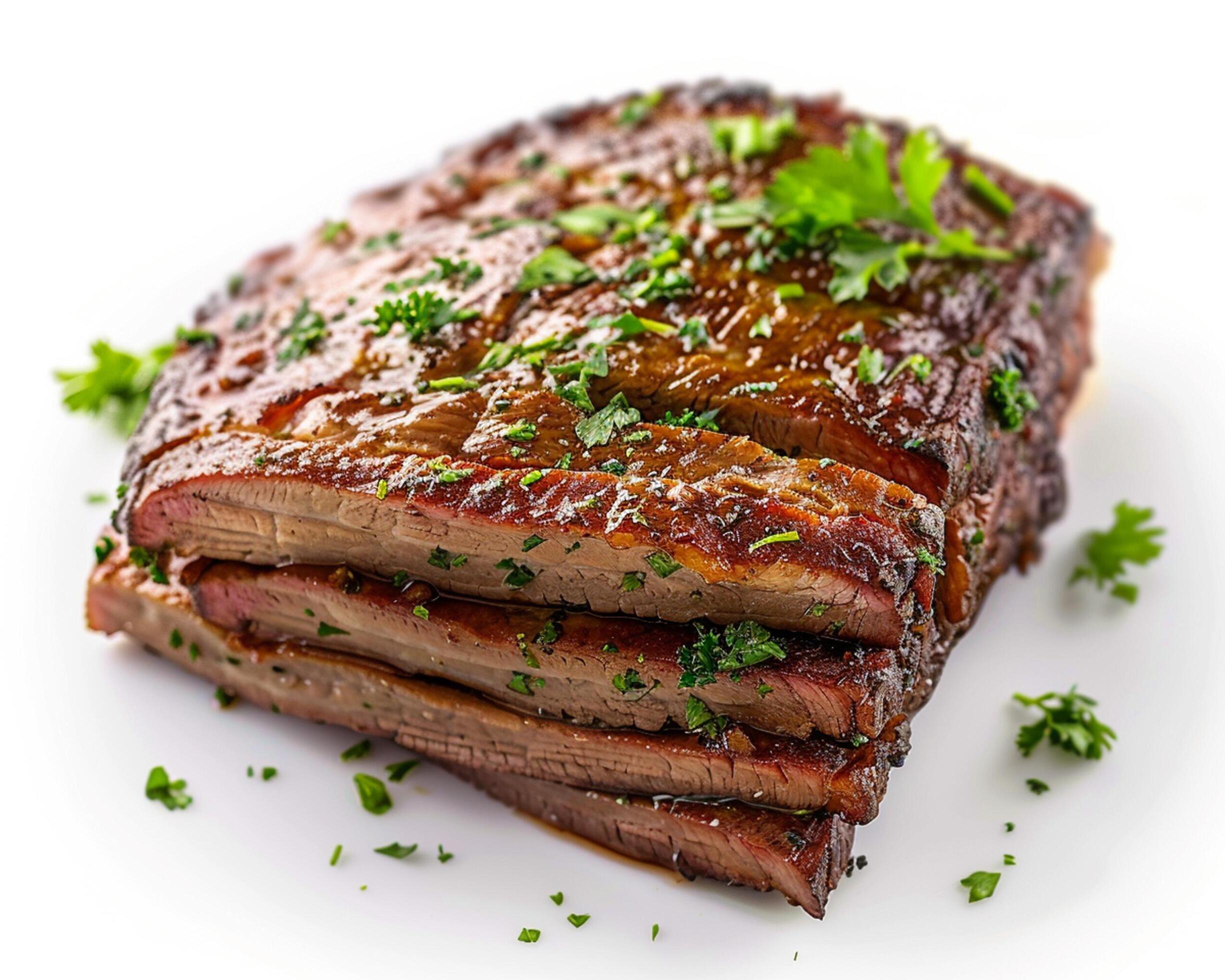 a piece of meat with a garnish of parsley Stock Free