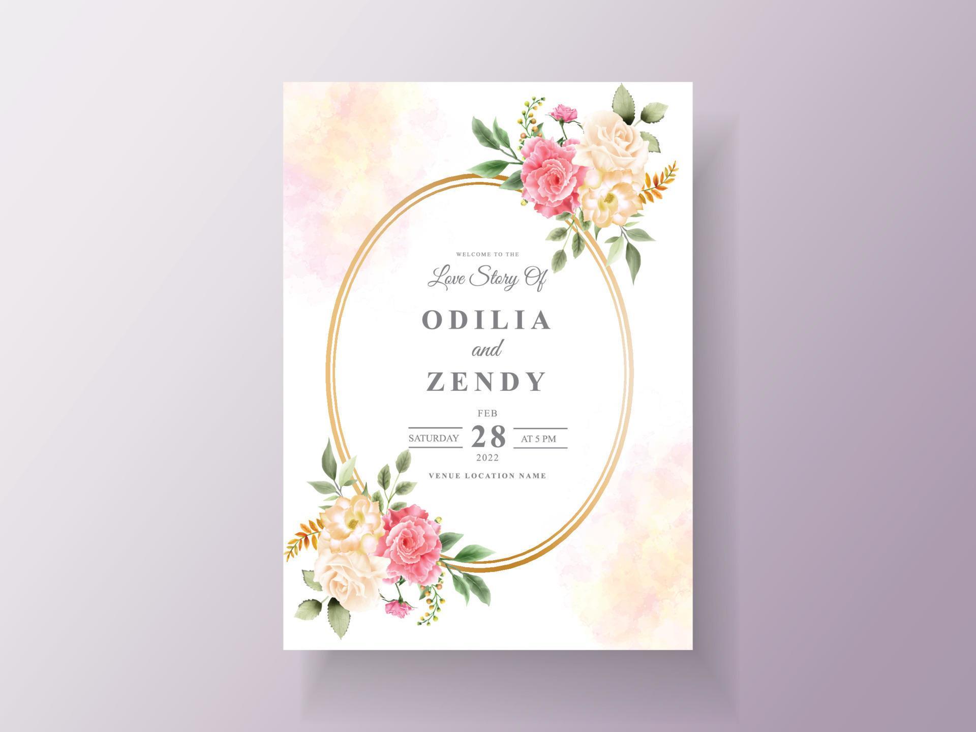 Beautiful pink and yellow flowers wedding invitation card Stock Free