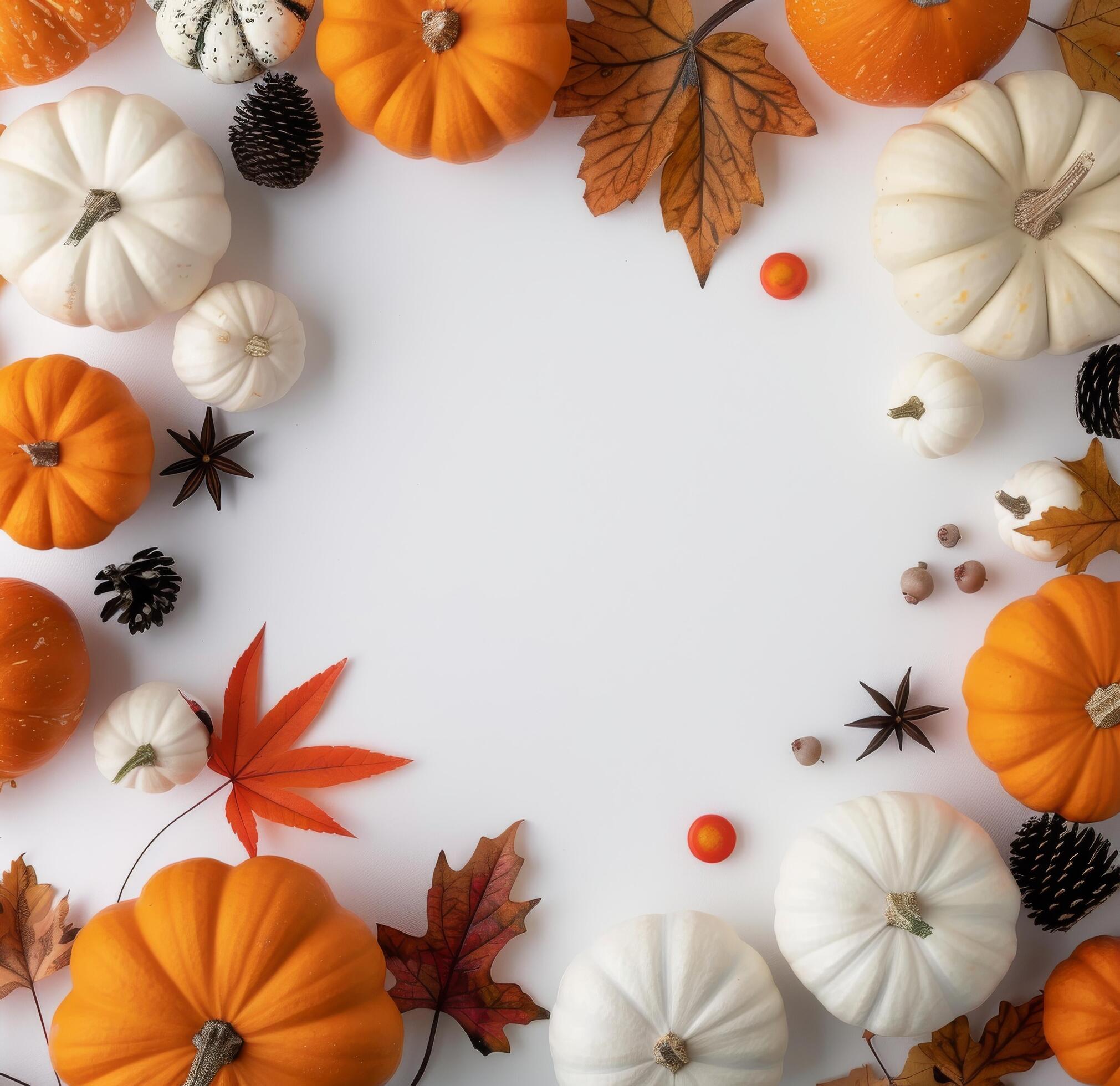 Autumnal Pumpkins and Leaves on White Background Stock Free