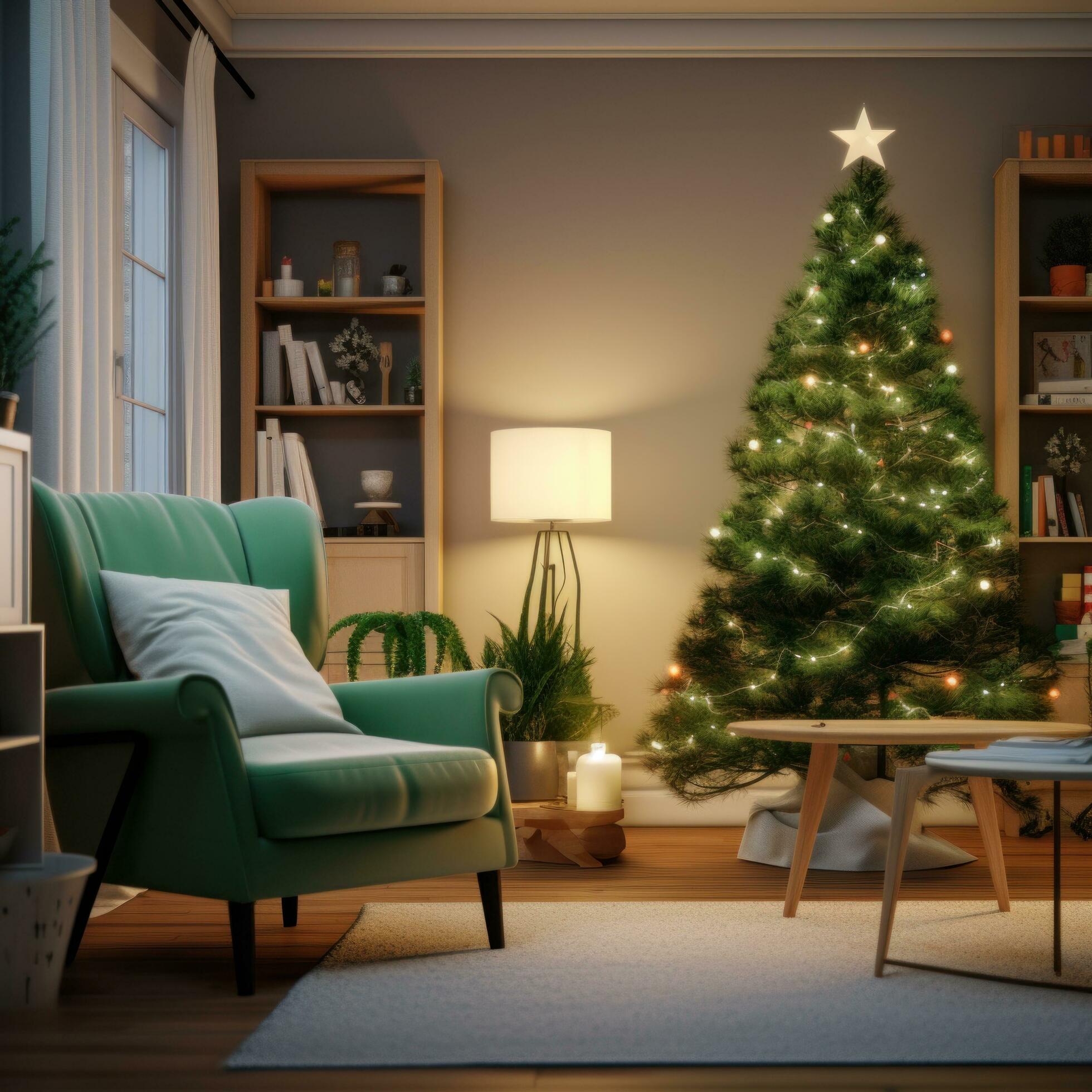 AI generated a family room with a small christmas tree and a green chair Stock Free