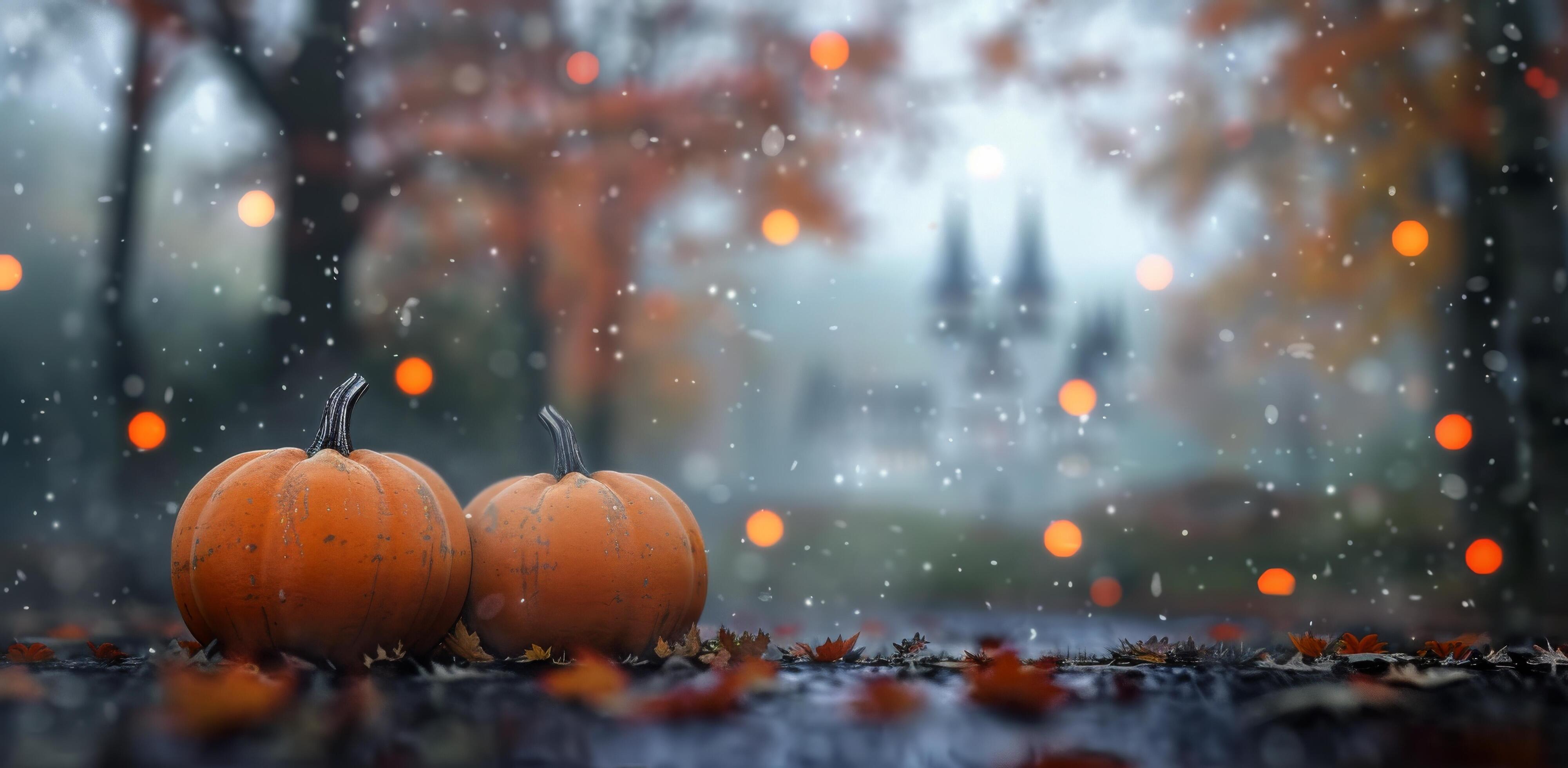 Autumn Landscape With Pumpkins and Faded Castle in the Background Stock Free