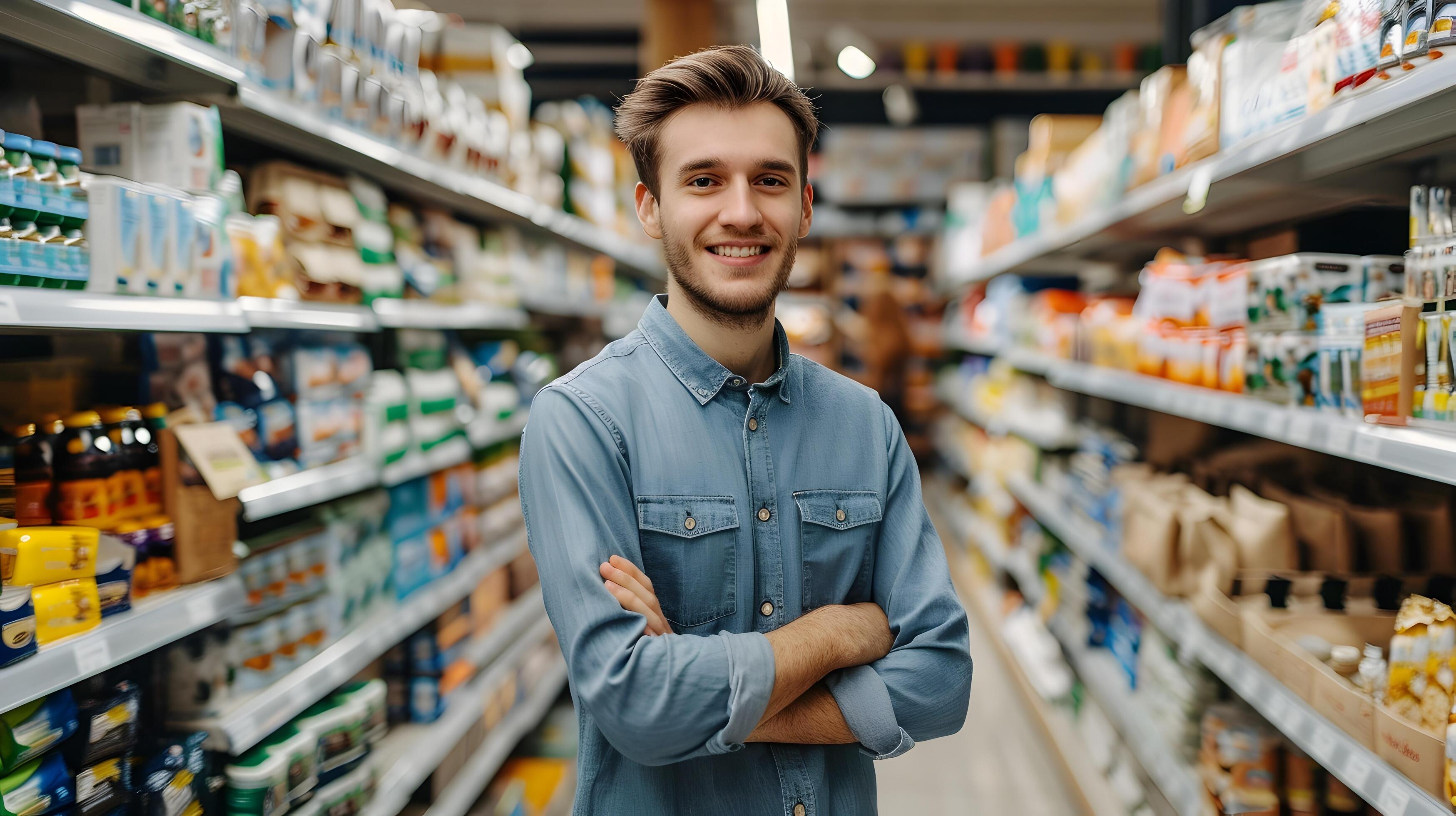 Friendly Store Manager Assisting Customers in Grocery Aisle Stock Free