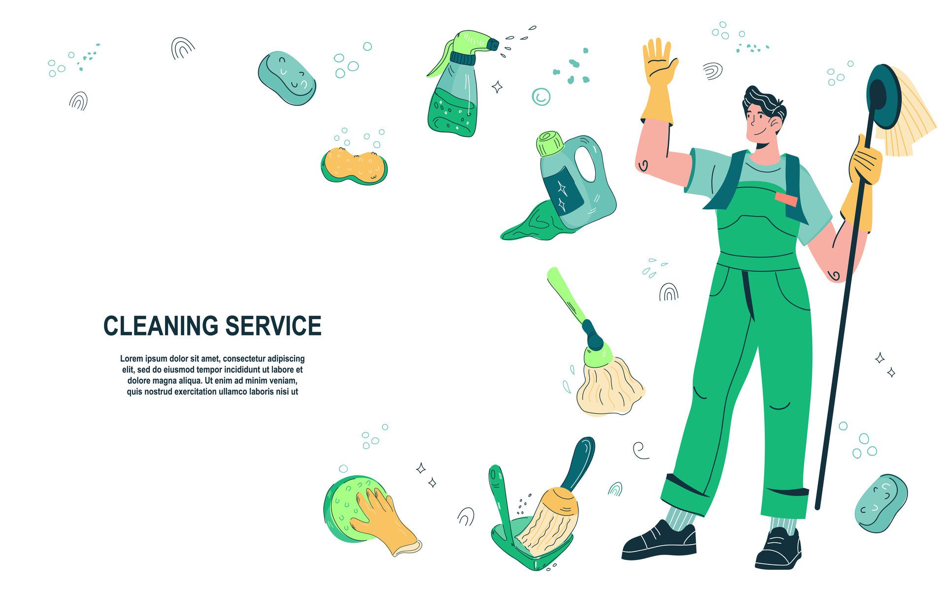 Cleaning service website banner design in doodle style. Cleaning company advertising web page or flyer template with cleaning and household tools. Free Vector