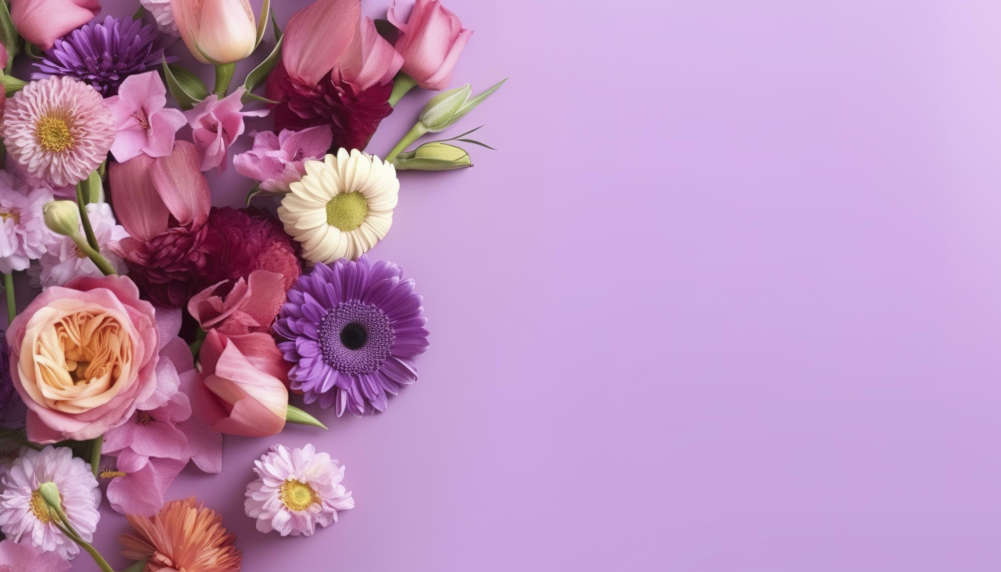 multicolored spring flowers on purple background , generate ai Stock Free