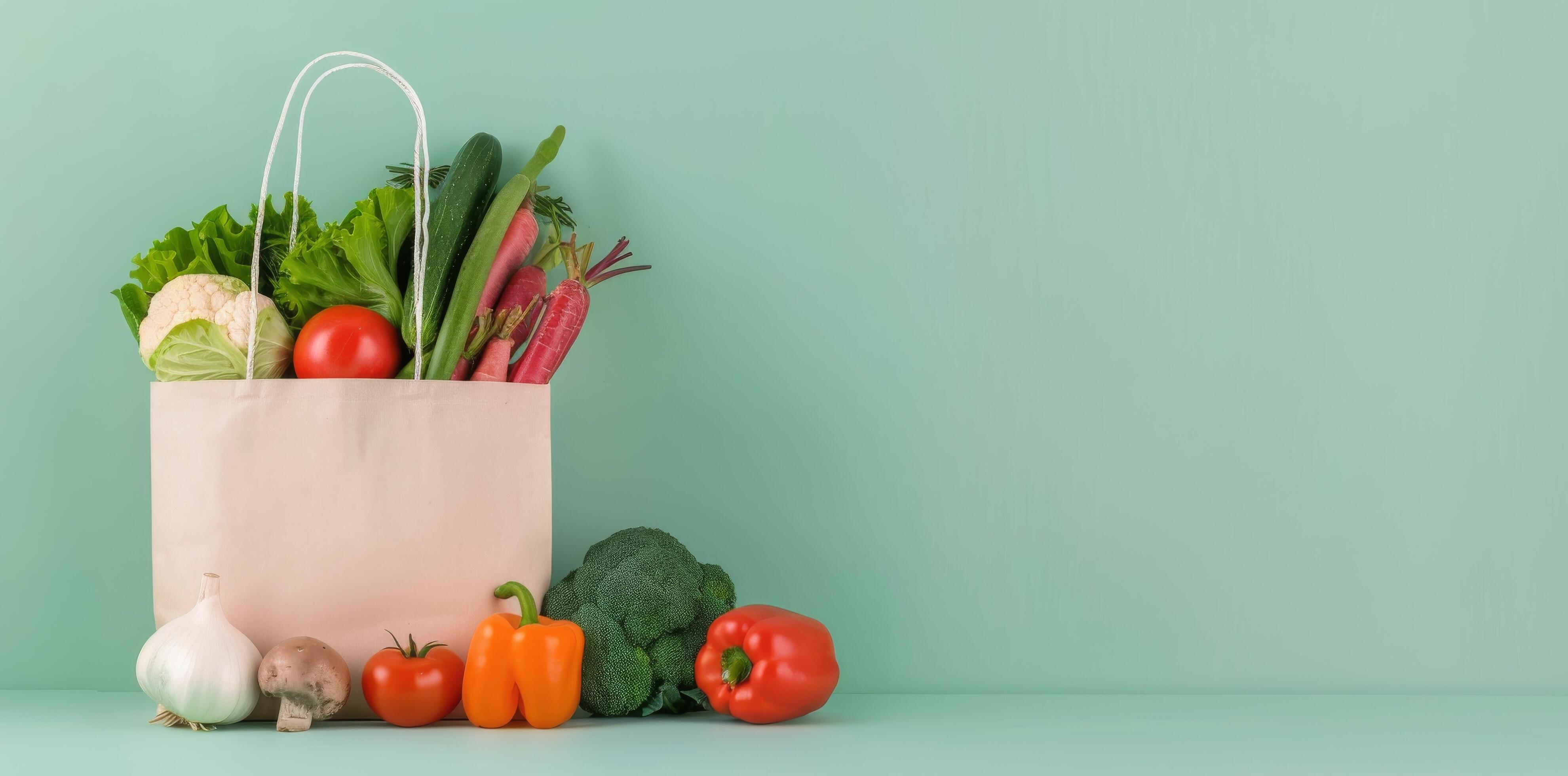 Fresh Vegetables in Eco-Friendly Bag on Mint Green Background Stock Free