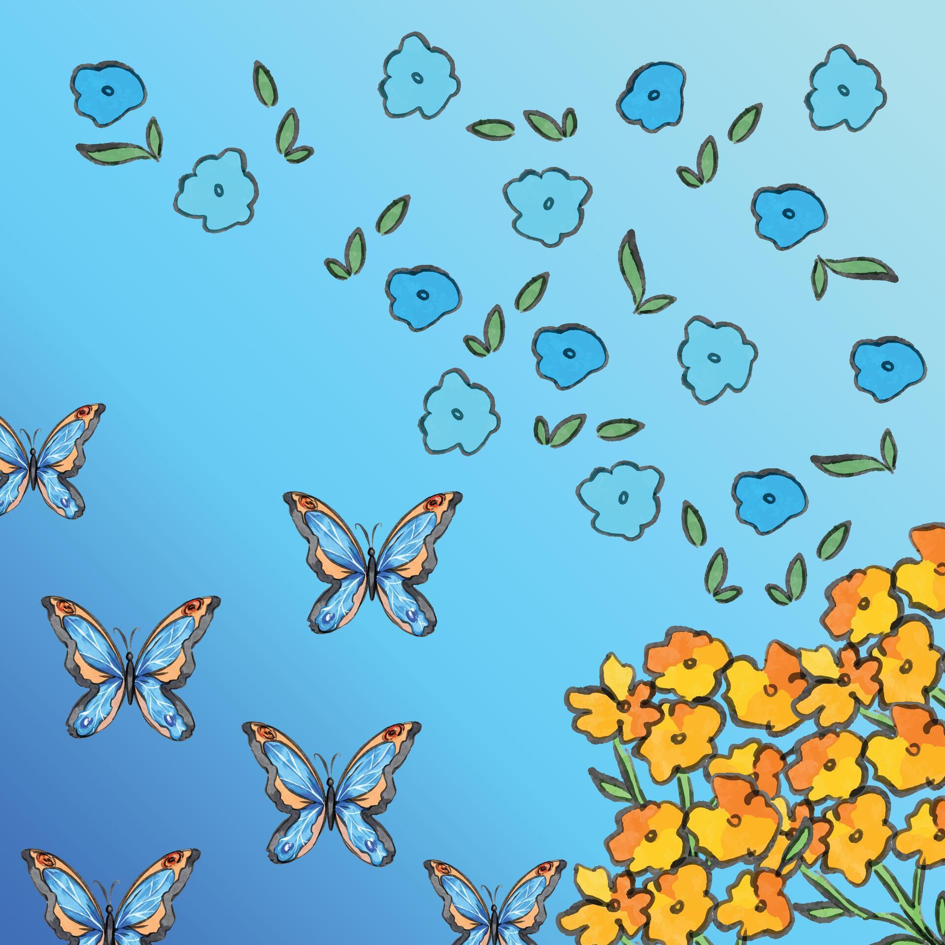 Butterfly and flowers illustration drawing isolated on square gradient blue background. Simple flat colorful cartoon sketch style drawing. Stock Free