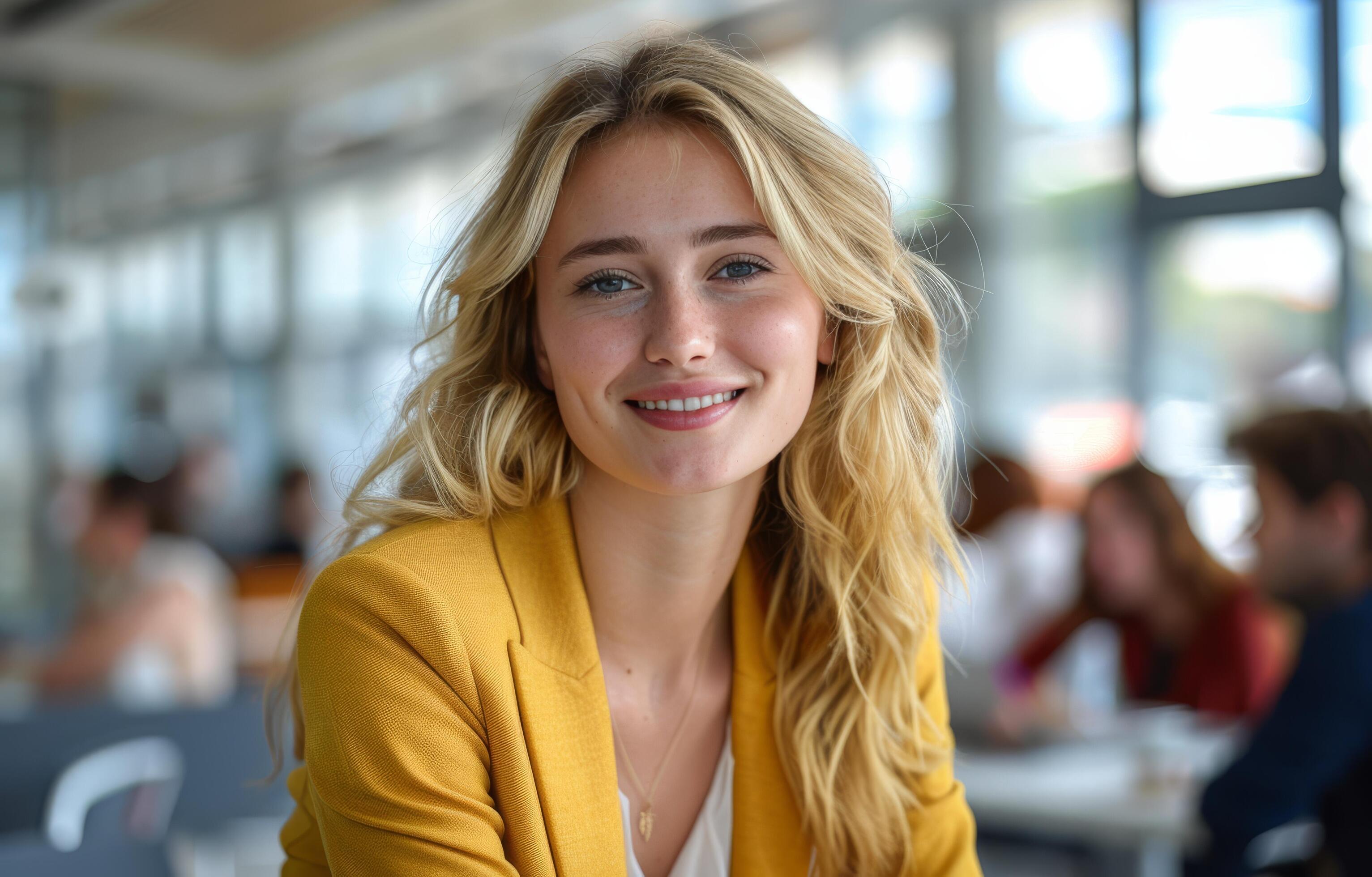 Smiling Woman In Yellow Blazer At A Coffee Shop Stock Free