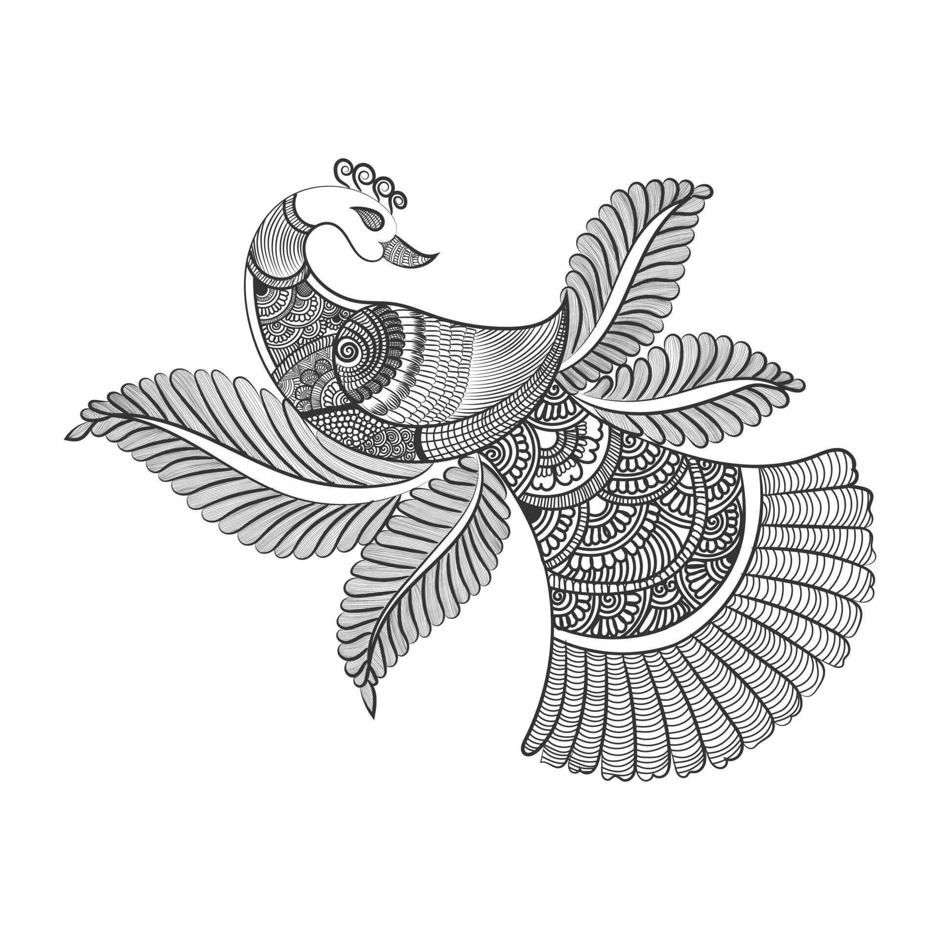 Peacock and flower hand drawn line art design Stock Free Stock Free