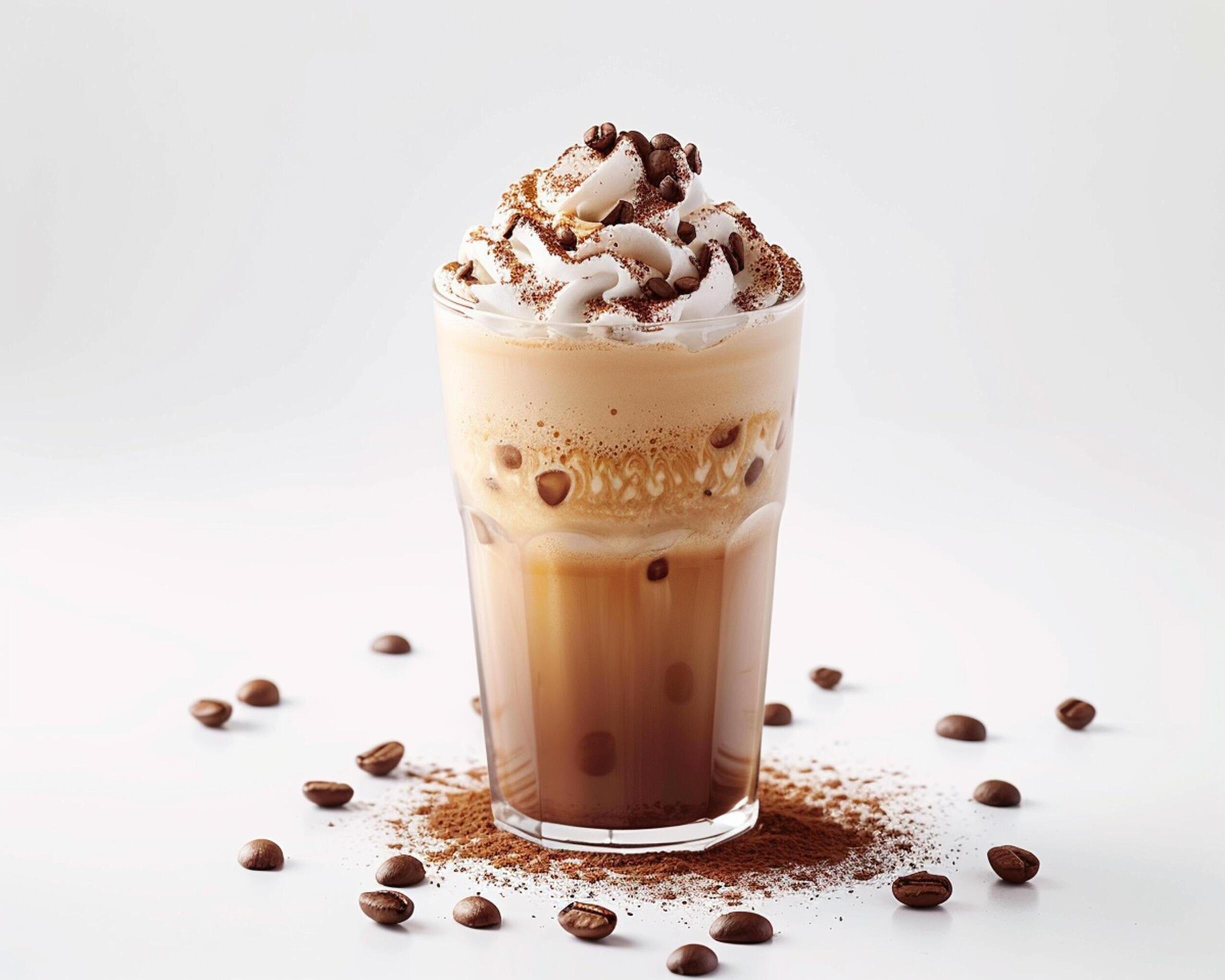 an iced coffee with whipped cream and coffee beans Stock Free