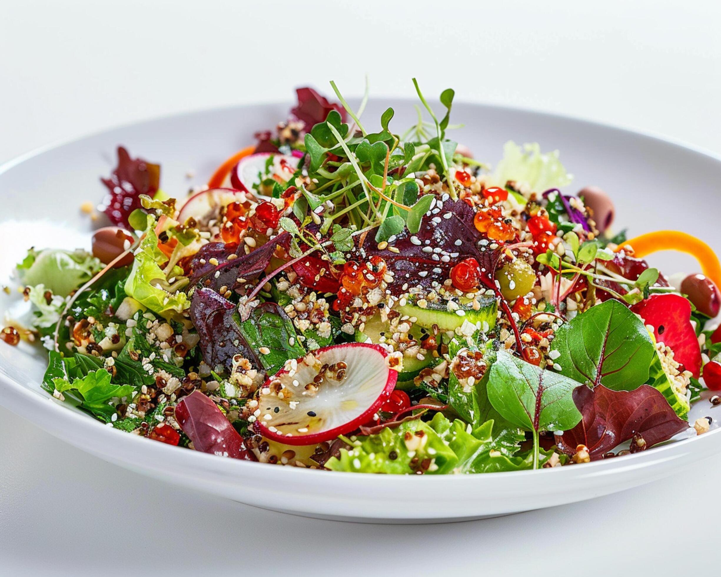 a salad with vegetables and greens in a white bowl Stock Free