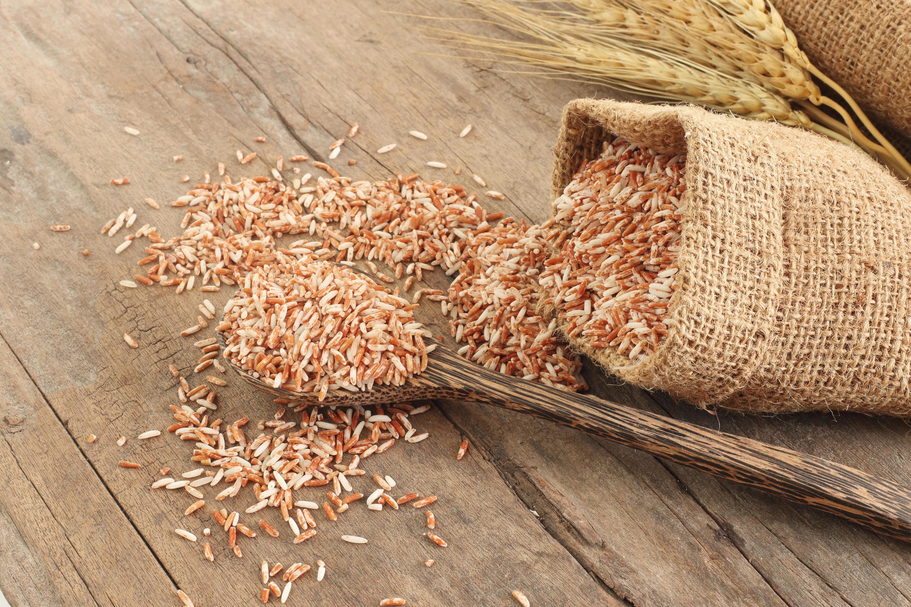 Healthy food – Close up spoon of red organic whole rice grain and brown sack on wooden table with ear of paddy Stock Free