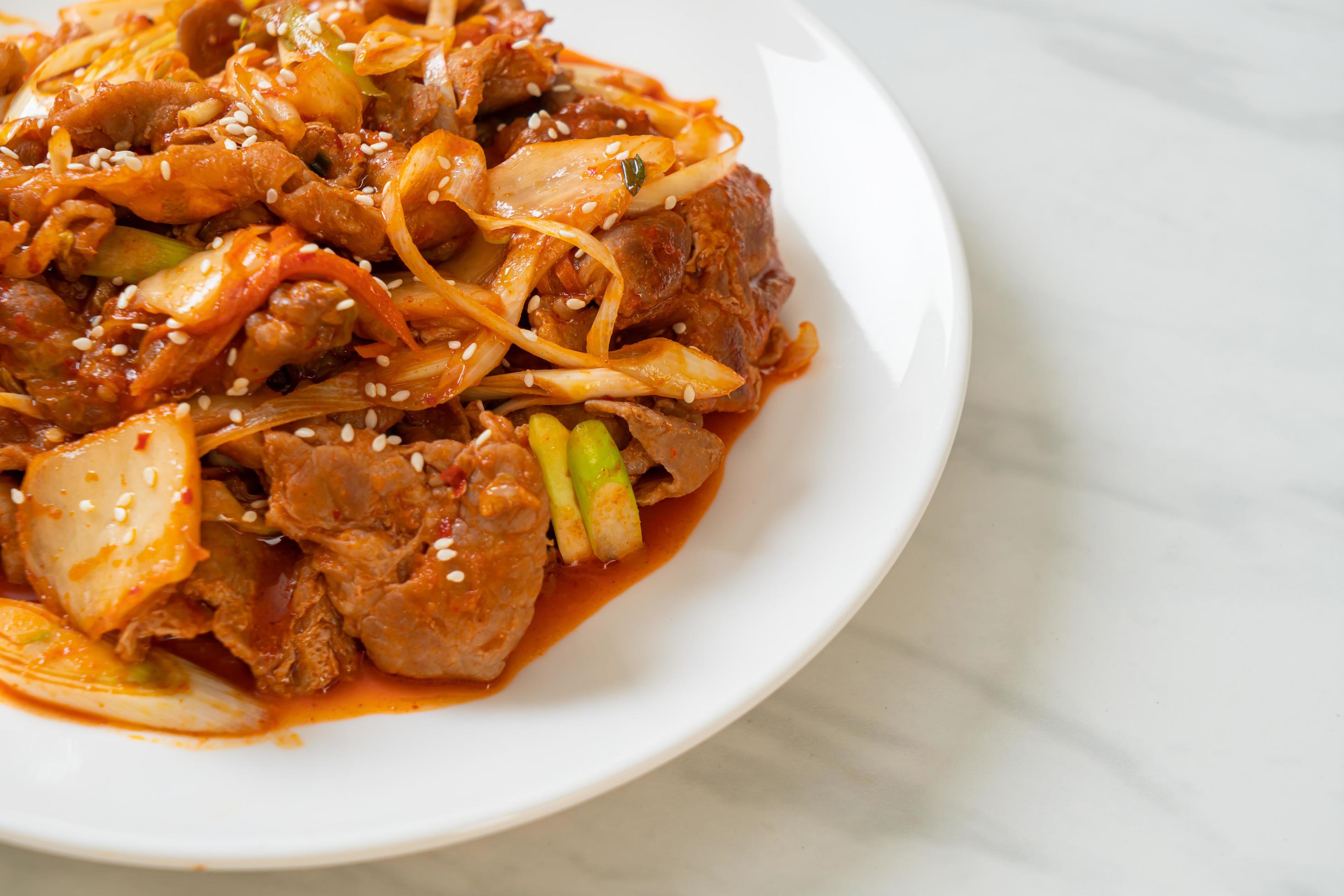 Stir-fried pork with Korean spicy paste and kimchi – Korean food style Stock Free