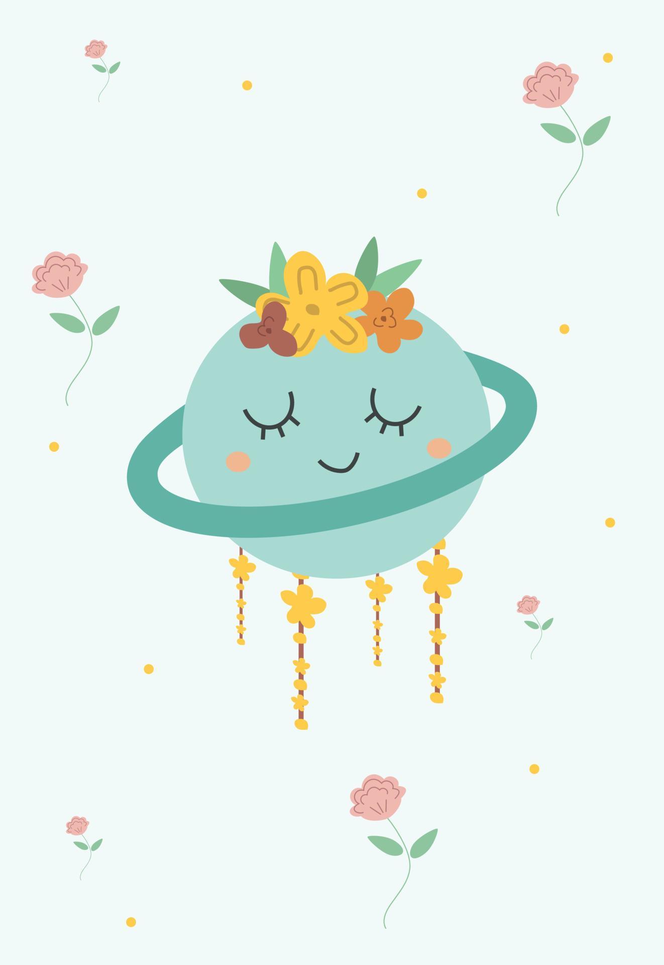 Cute Earth and Bohemian Flowers Phone Wallpaper Vector Illustration Stock Free