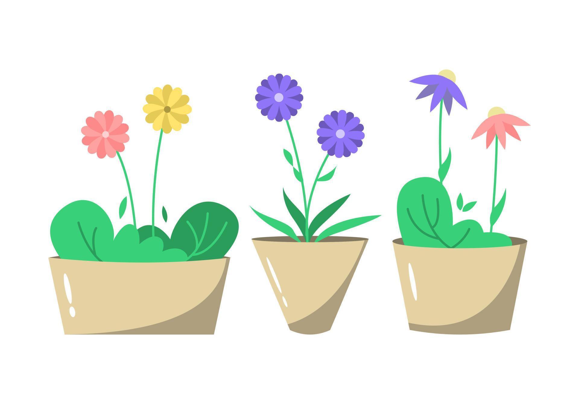 Set of cute flat flowers in pot, home decoration illustration Stock Free