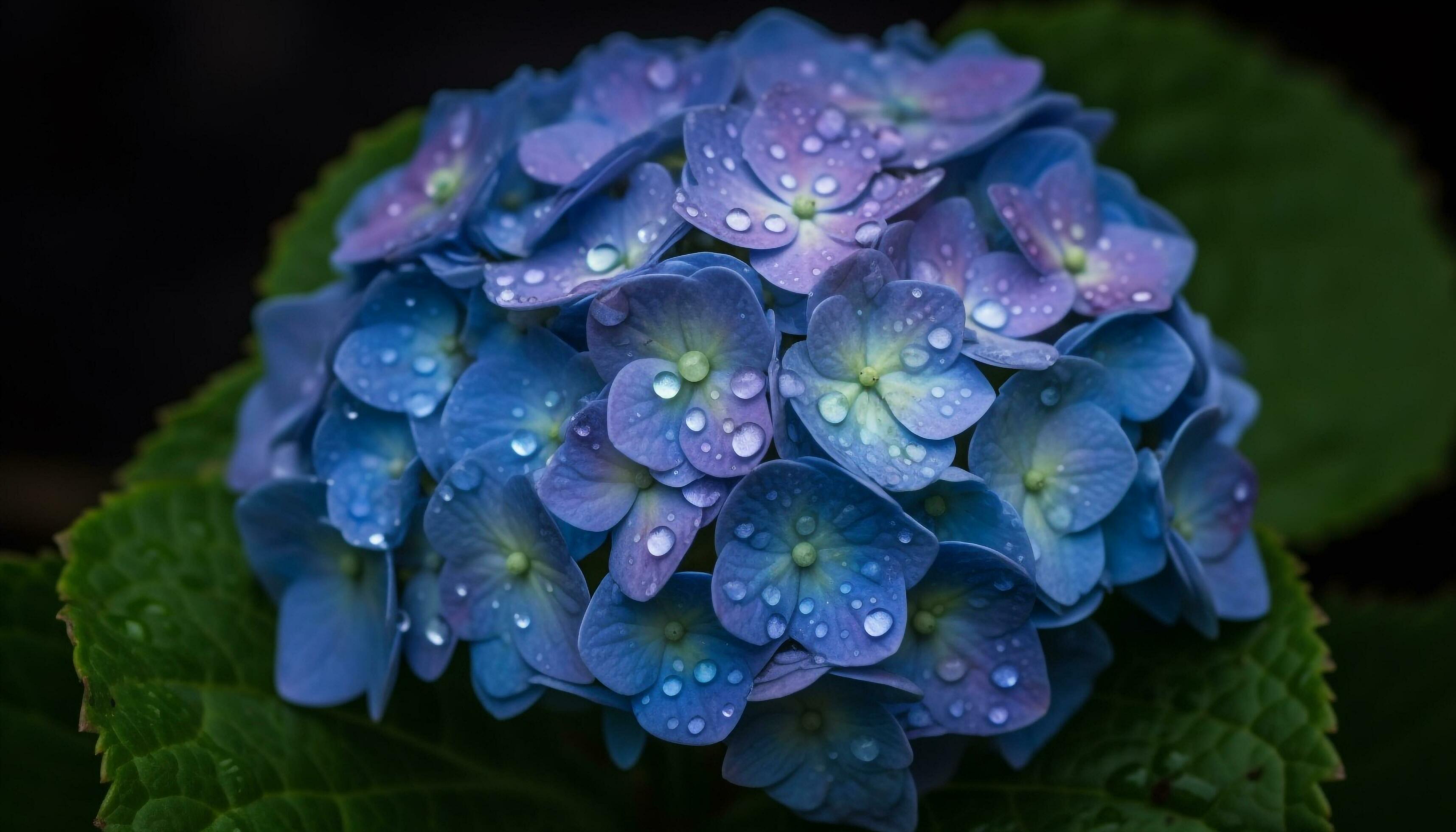 Hydrangea purple flower head glistens with dew generated by AI Stock Free