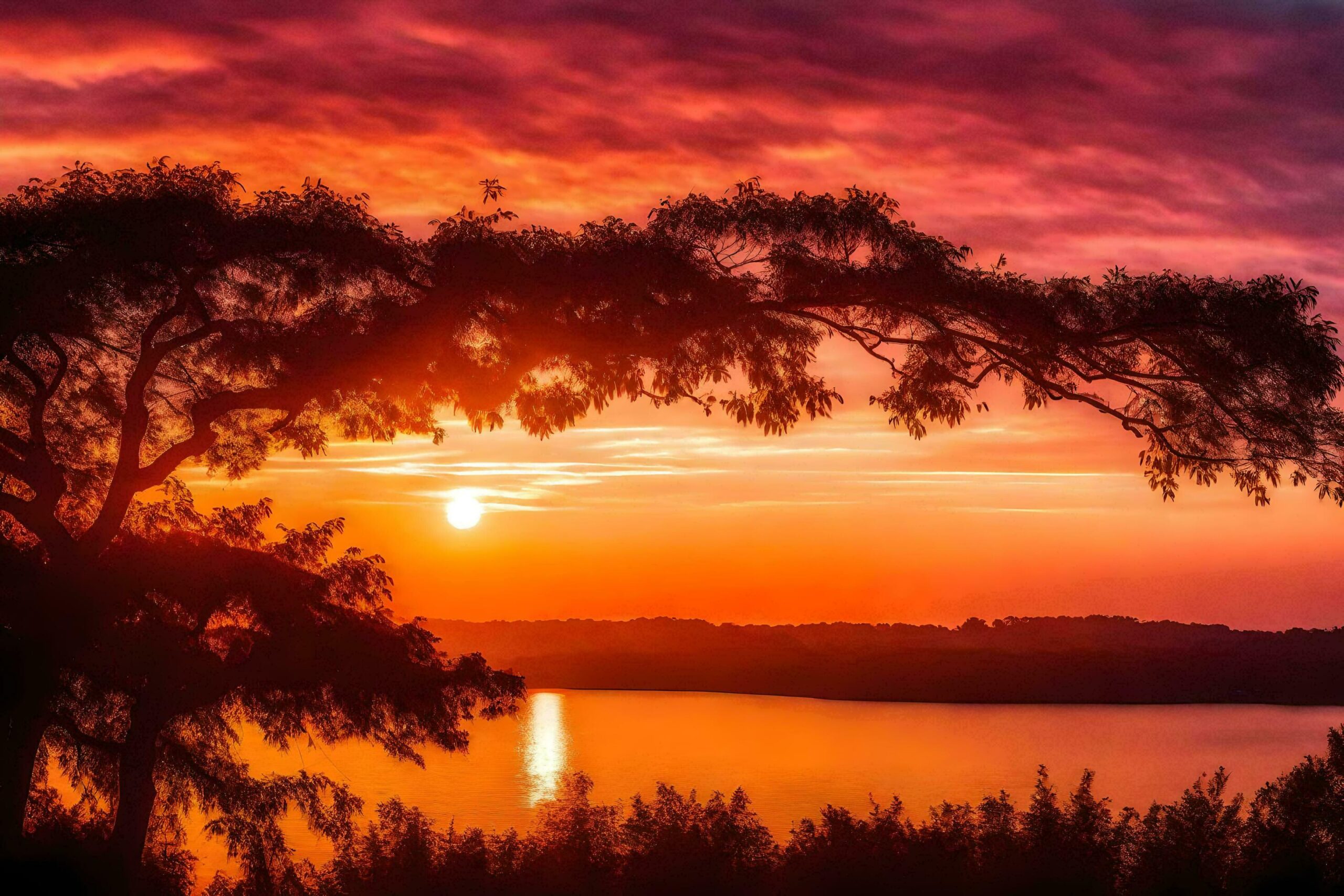 a red sunset over a lake with trees in the foreground Free Photo