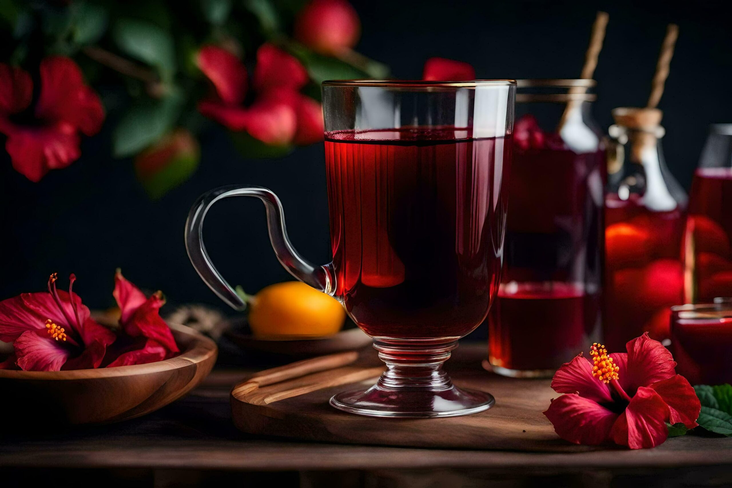 red hibiscus tea in a glass jug and a bowl of fruit Free Photo