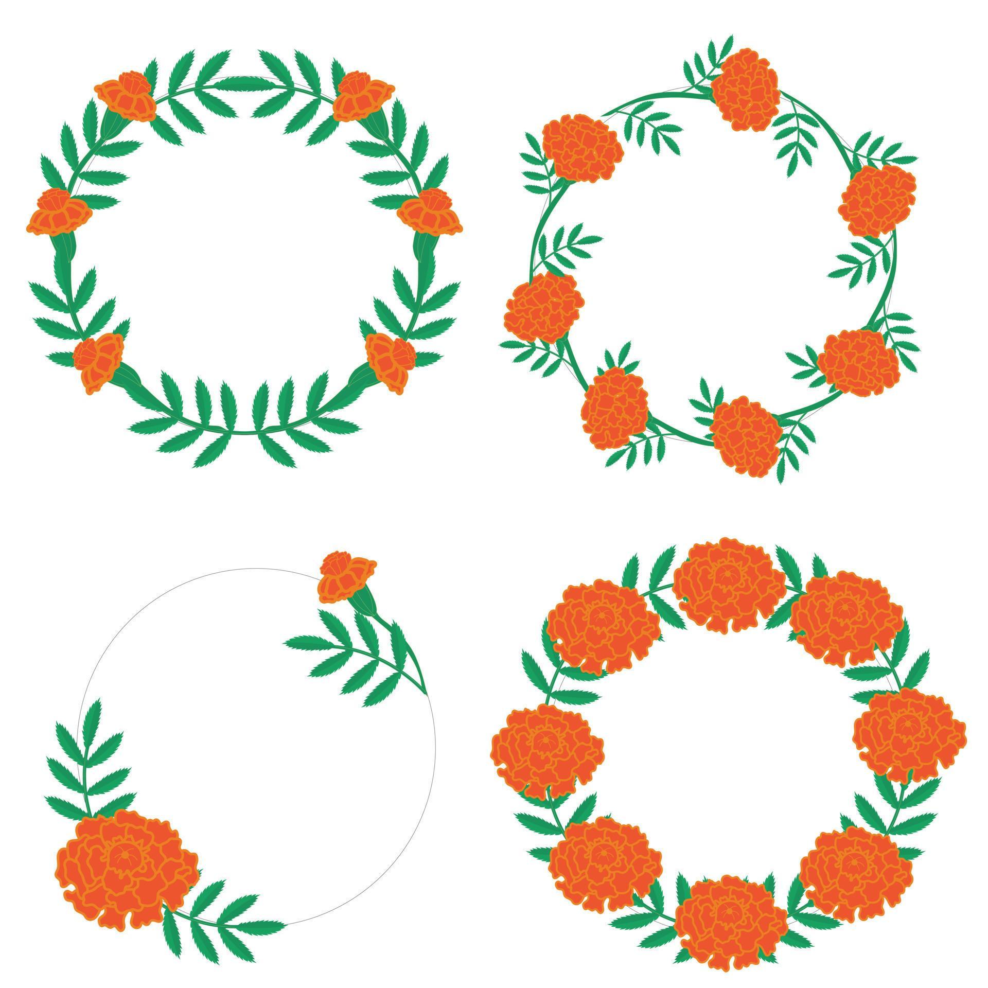 Set of wreaths of marigold flowers. Vector illustration isolated on white background. Stock Free