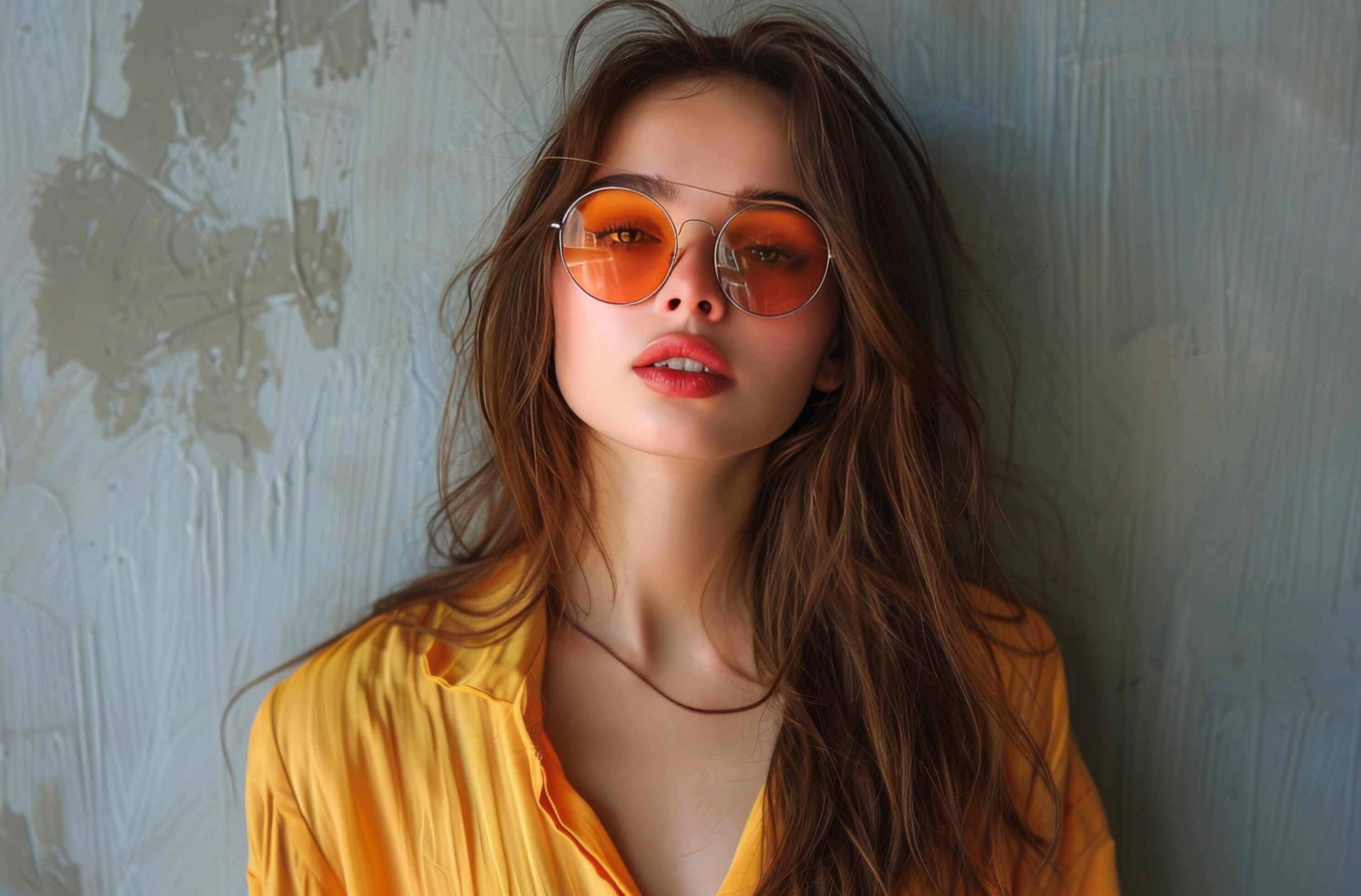 Woman Wearing Sunglasses Against Grey Wall Stock Free