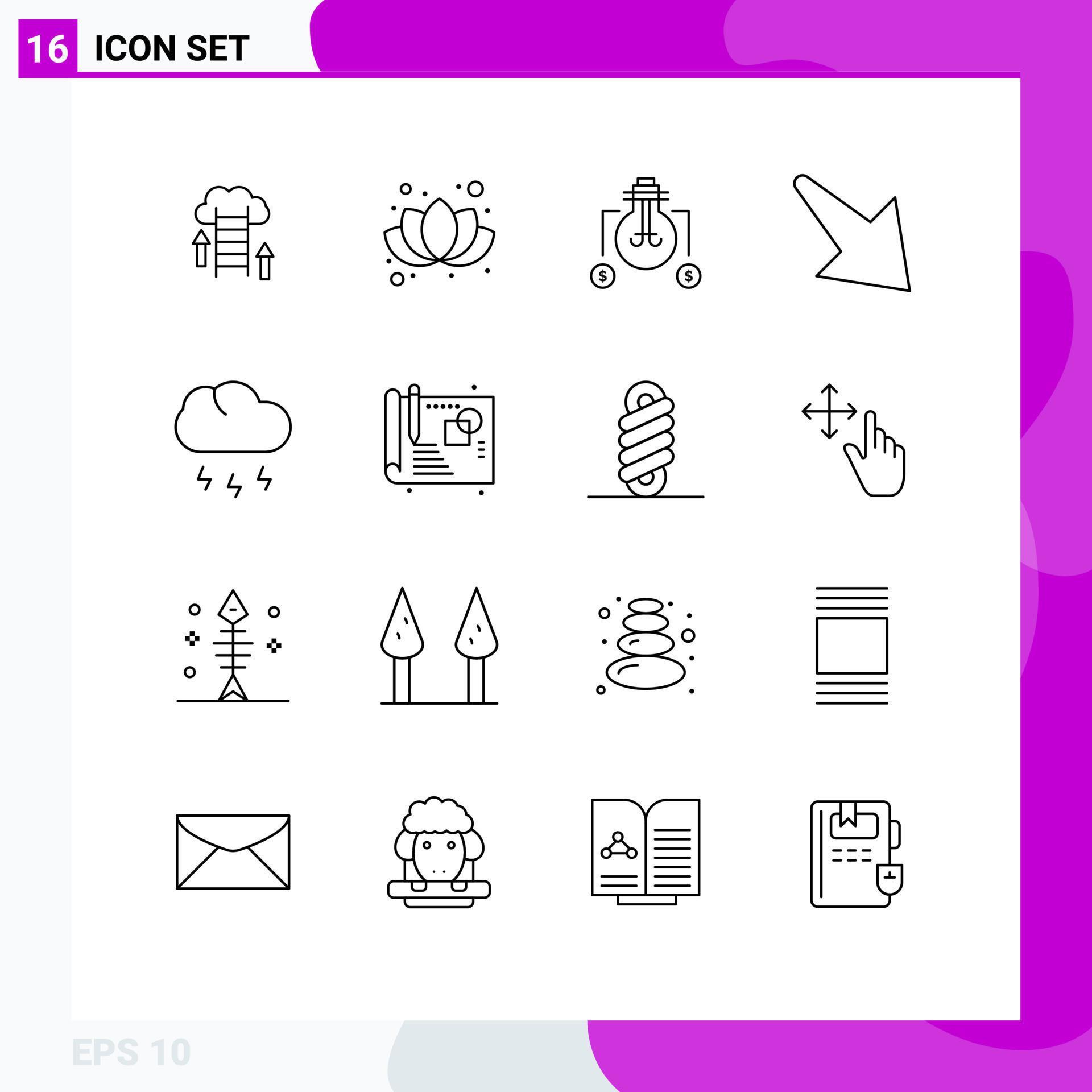 Set of 16 Modern UI Icons Symbols Signs for storm cloud bulb right arrow Editable Vector Design Elements Stock Free