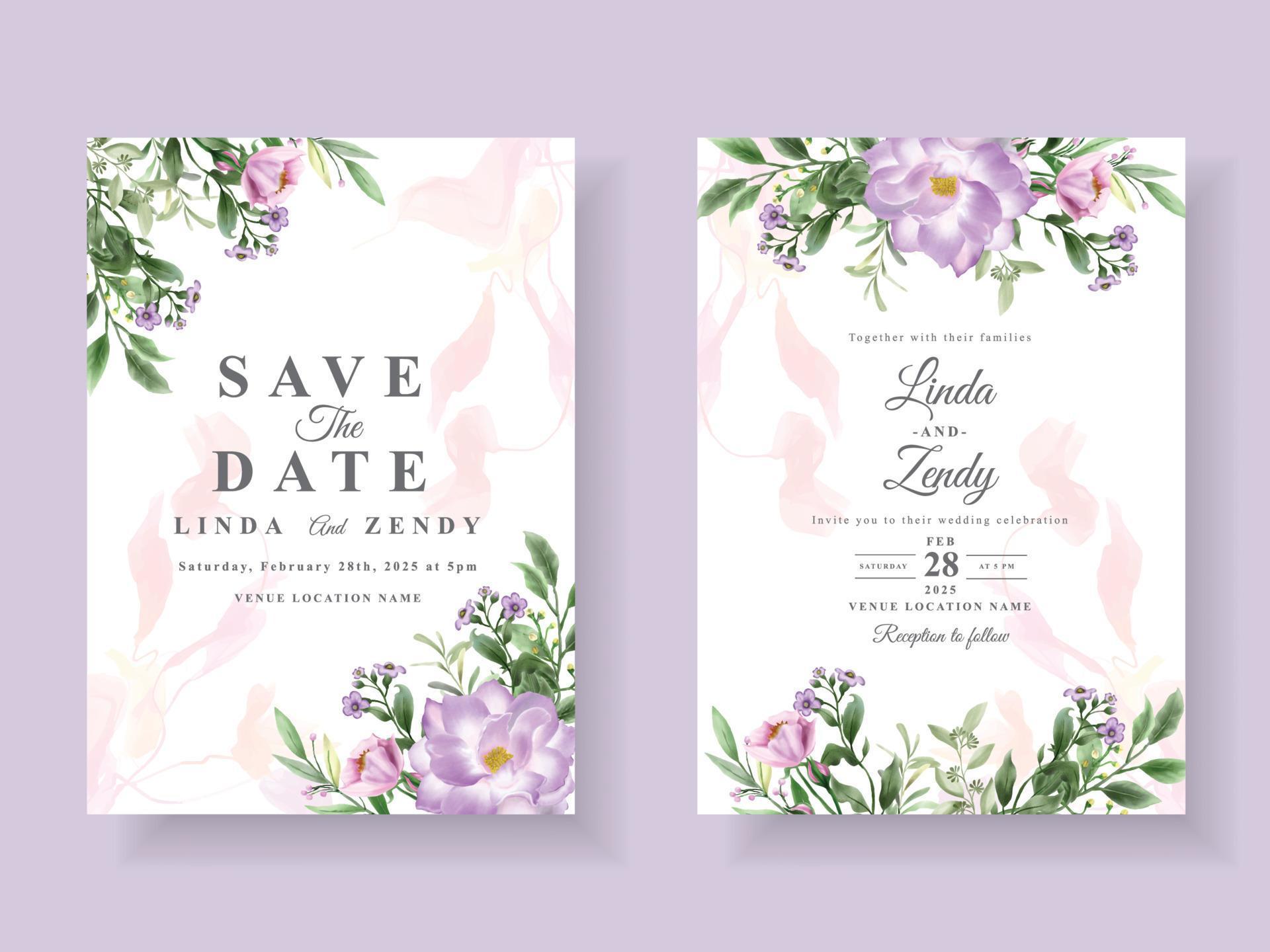 Beautiful purple flowers wedding invitation card template Stock Free