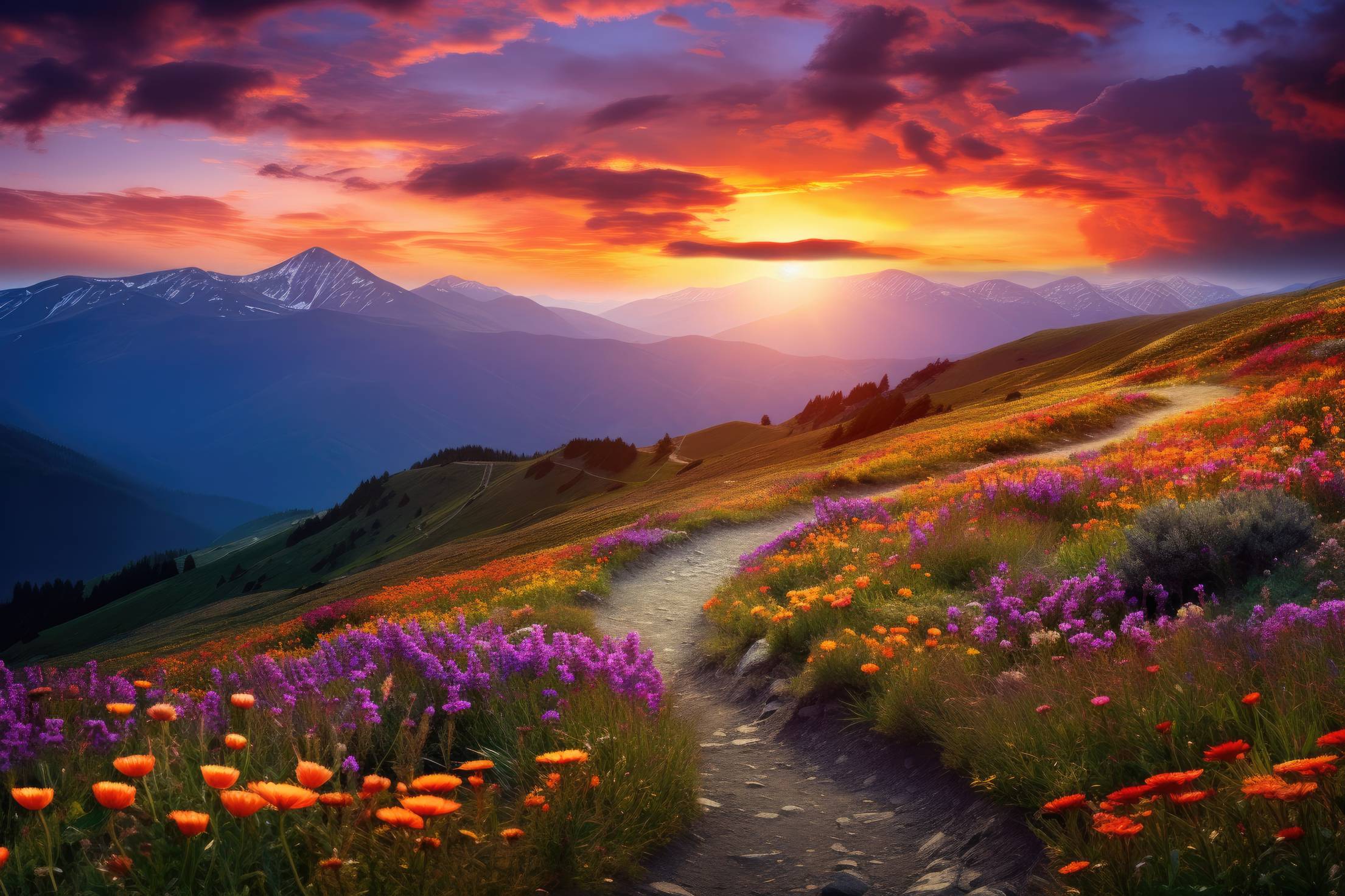 Beautiful Natural Colorful Mountain Scenery Full of Flowers Stock Free