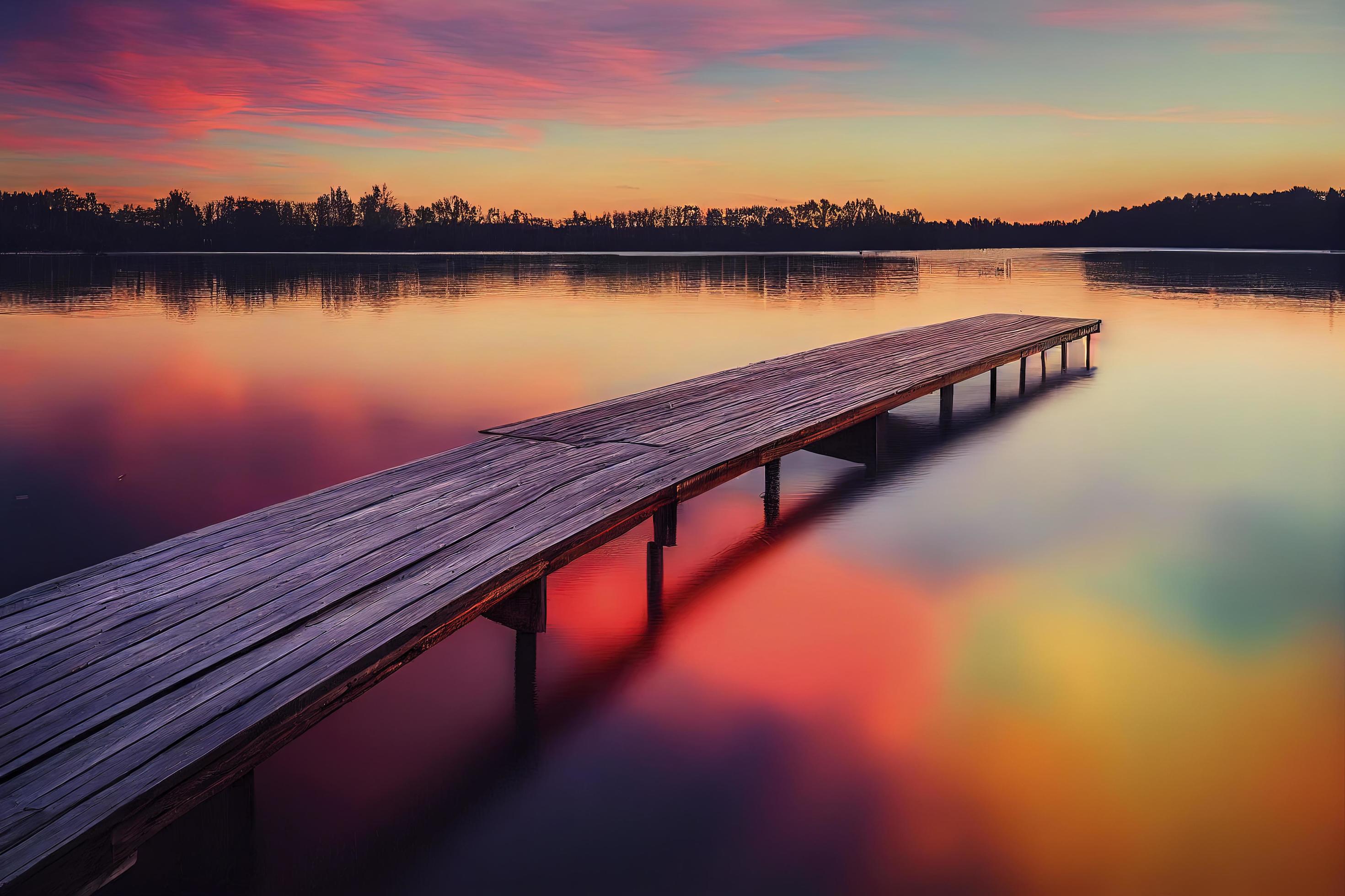 colorfull wooden pier on a lake that is totally calm during sunset Stock Free