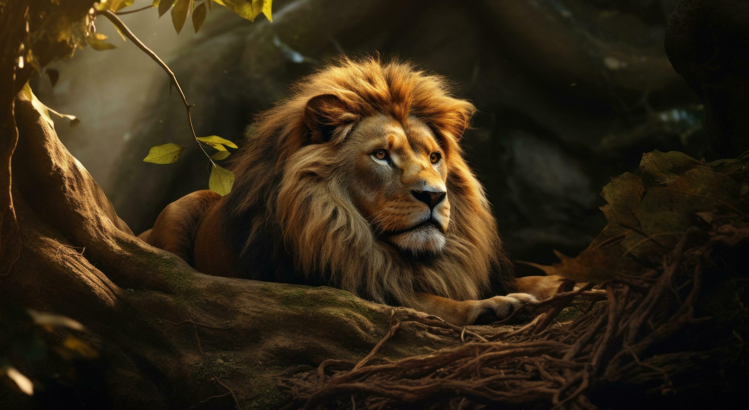 a lion is laying in a forest of trees and rocks, Free Photo