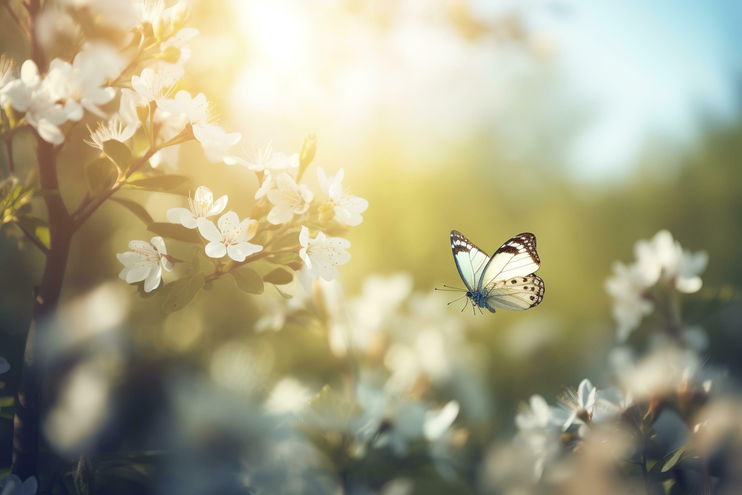 A butterfly sitting on flower and leaf, generate ai Stock Free