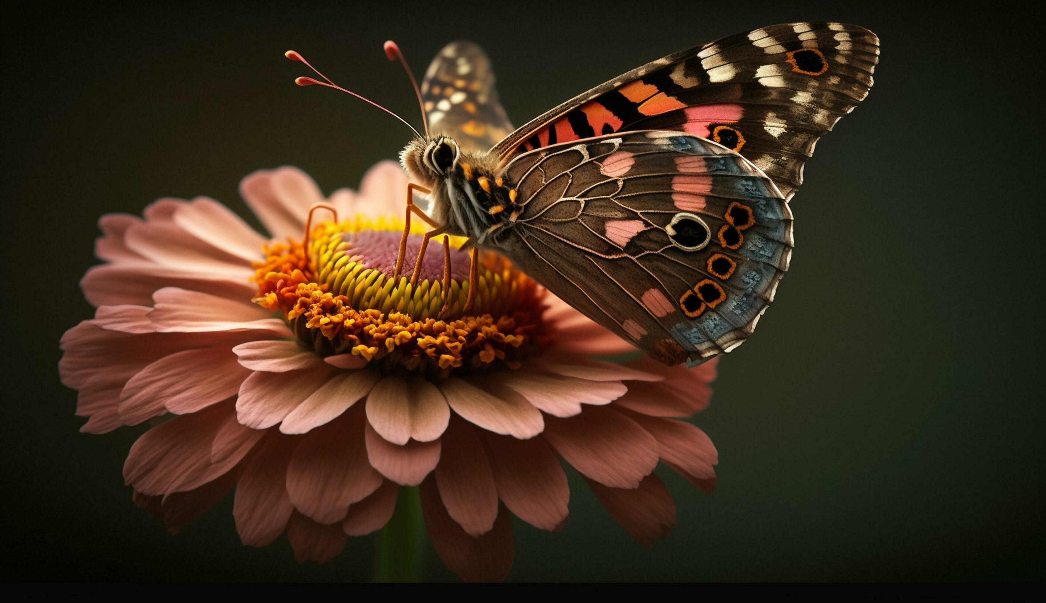 Fragile butterfly with multi colored wings on yellow flower generated by AI Stock Free