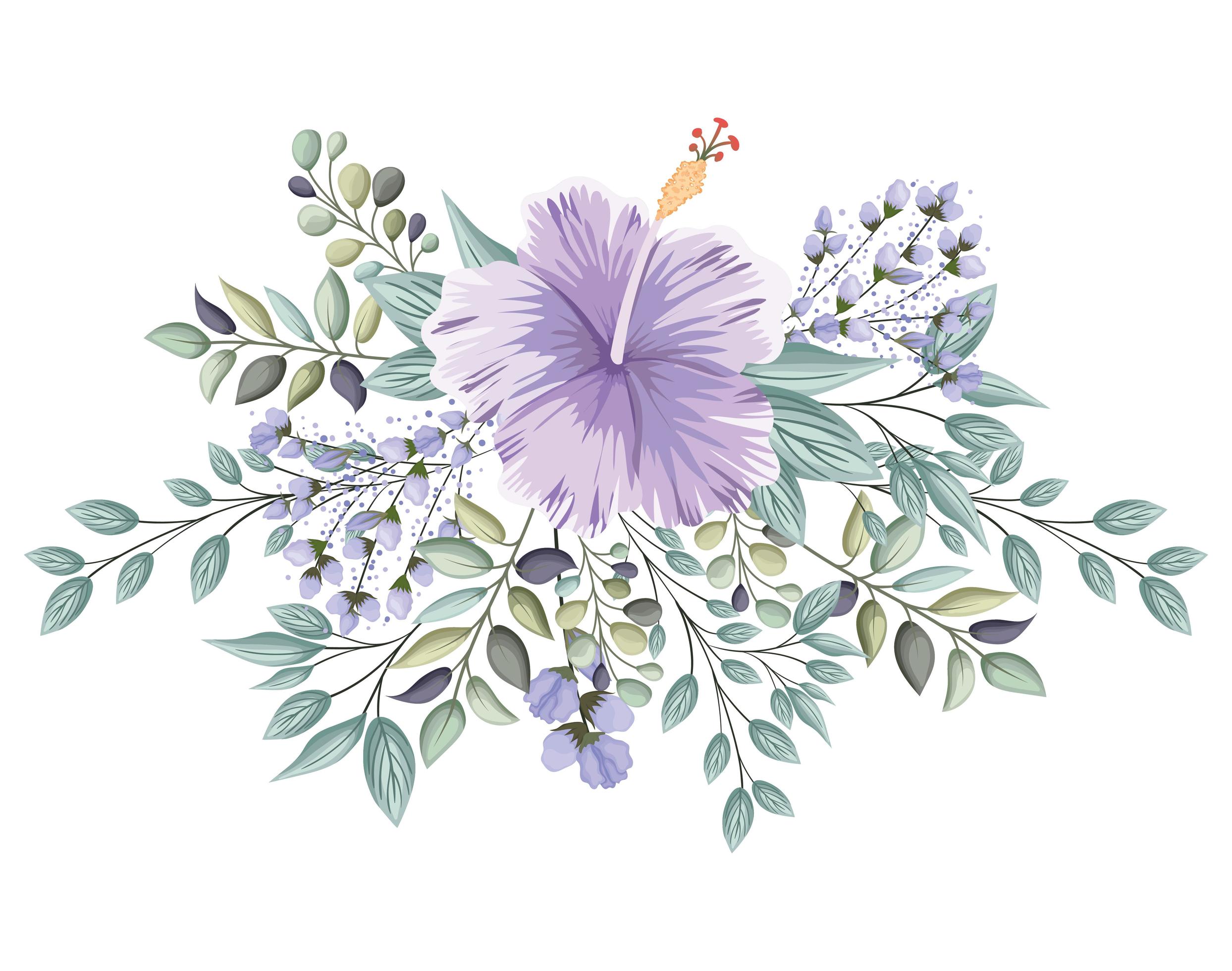 Purple Hawaiian flower with buds and leaves painting Stock Free