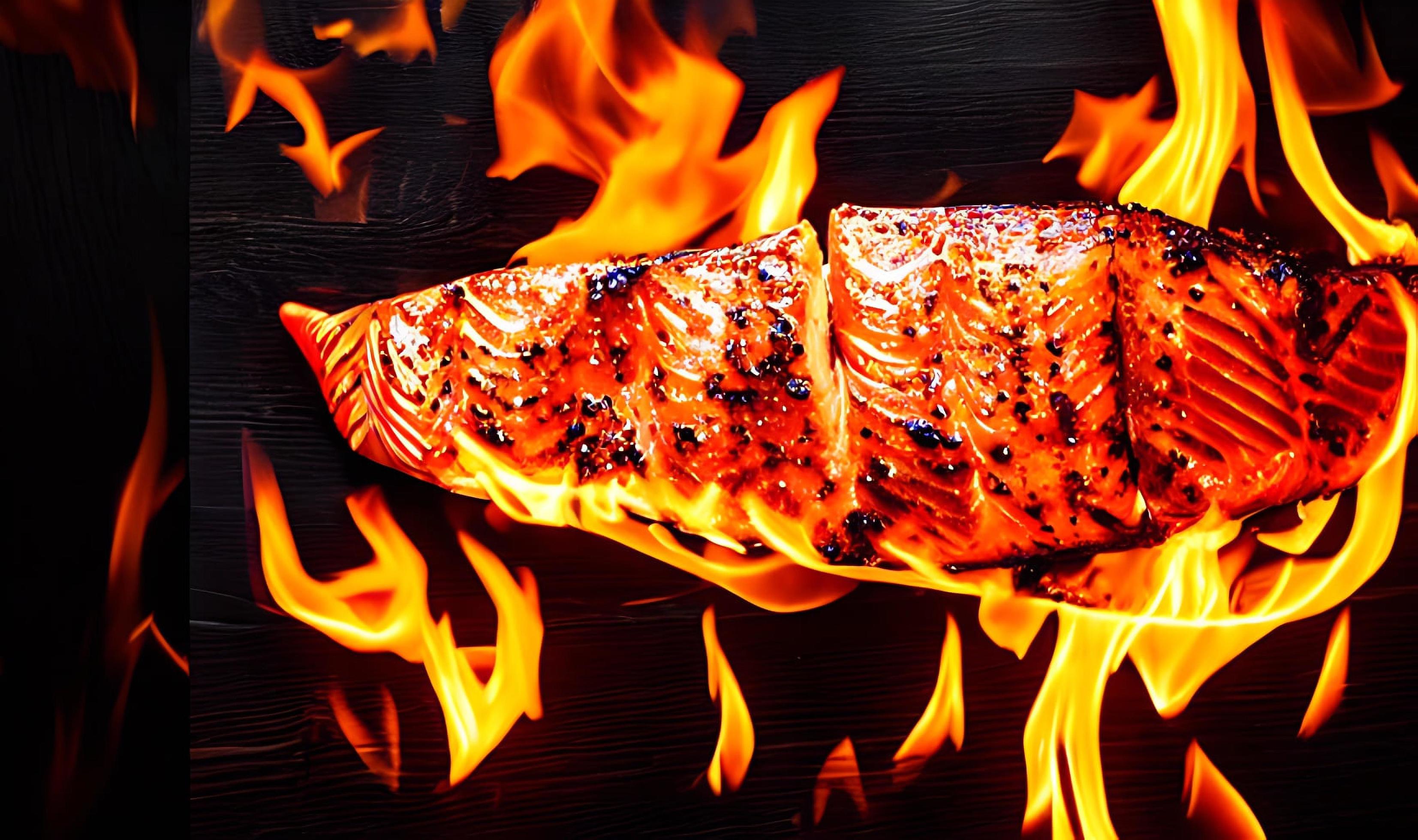 Grilled salmon. Healthy food baked salmon. Hot fish dish. Stock Free