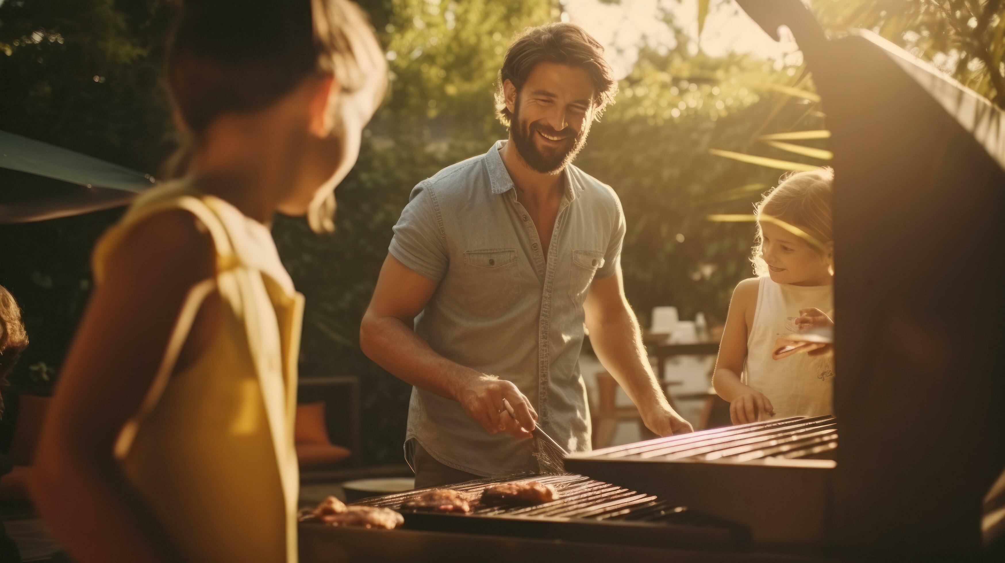 Young family is grilling at the barbecue Stock Free