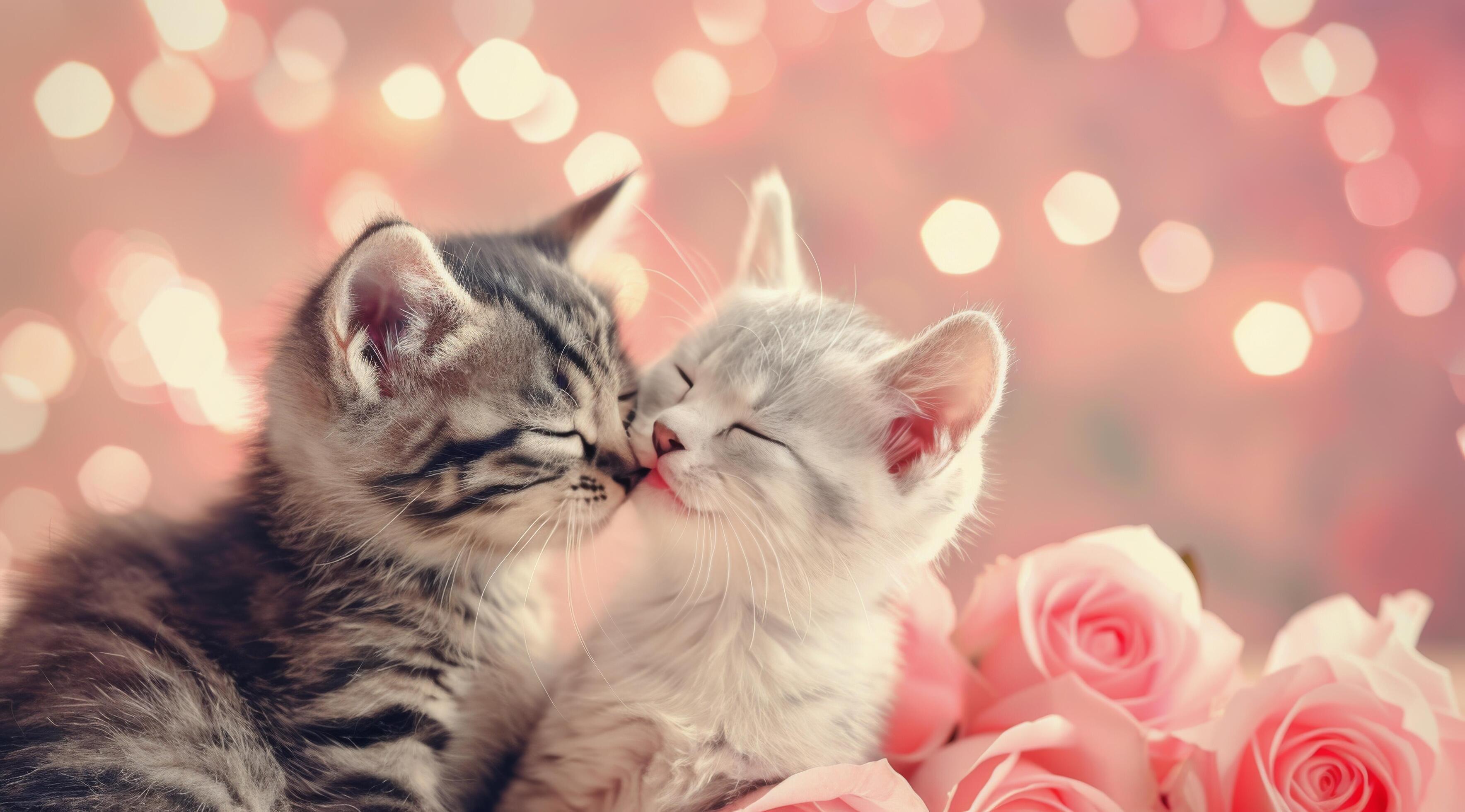 Two Adorable Kittens Snuggling Among Roses With Soft Pink Background Stock Free