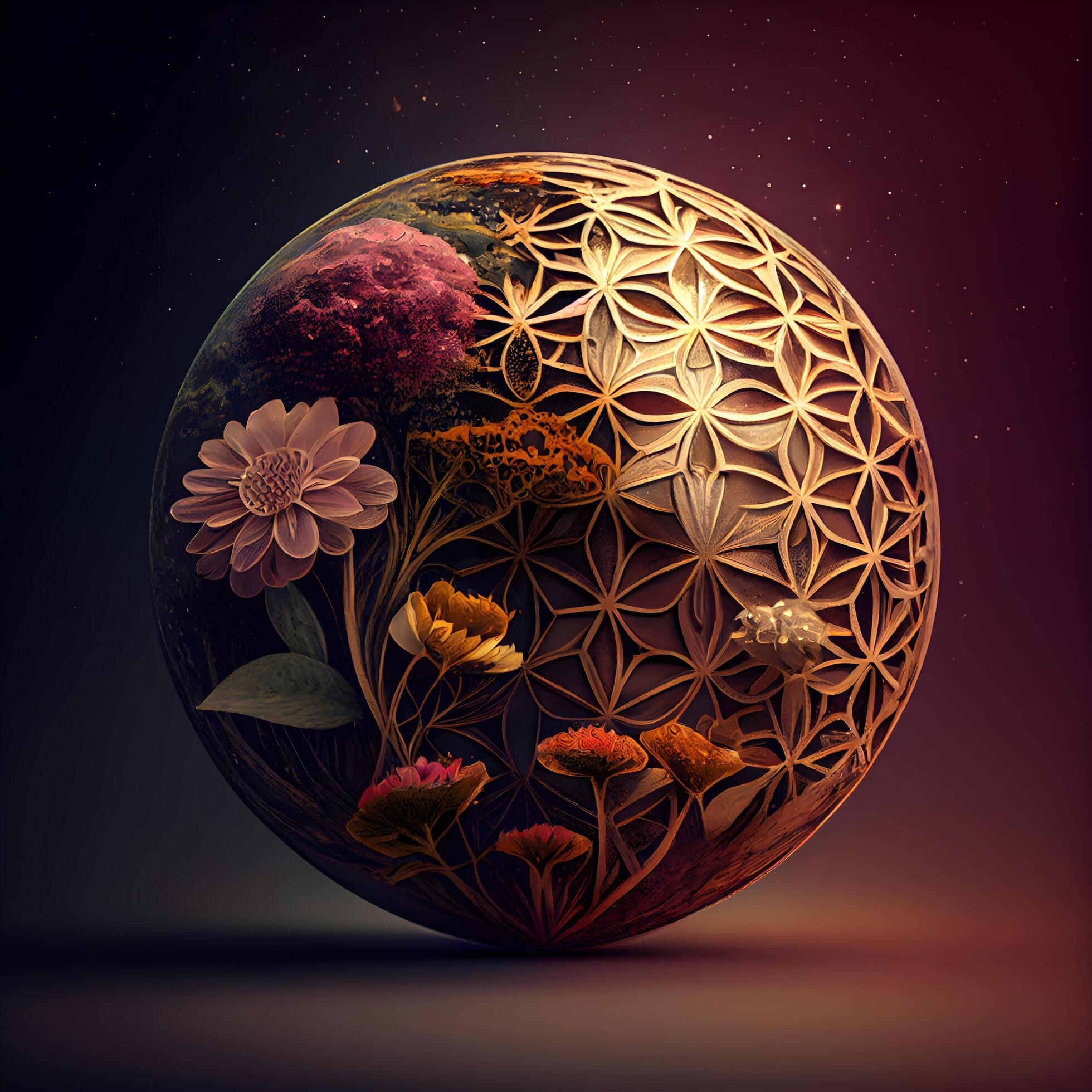 3D rendering of a planet made of wood with flowers and plants, Image Stock Free