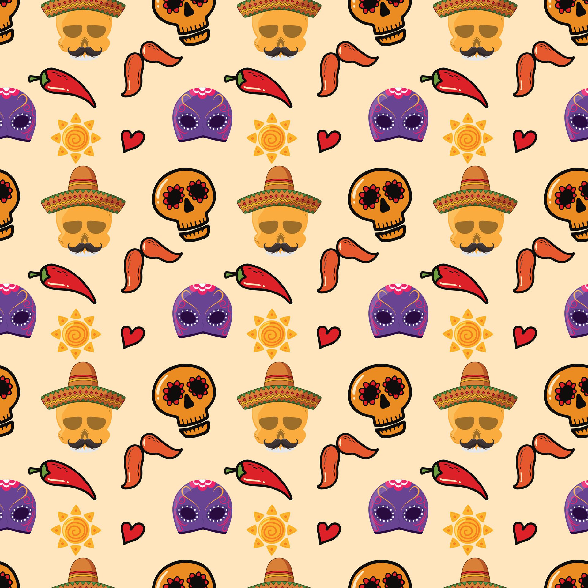 Mexican Sugar Skulls Seamless Pattern Design Free Vector