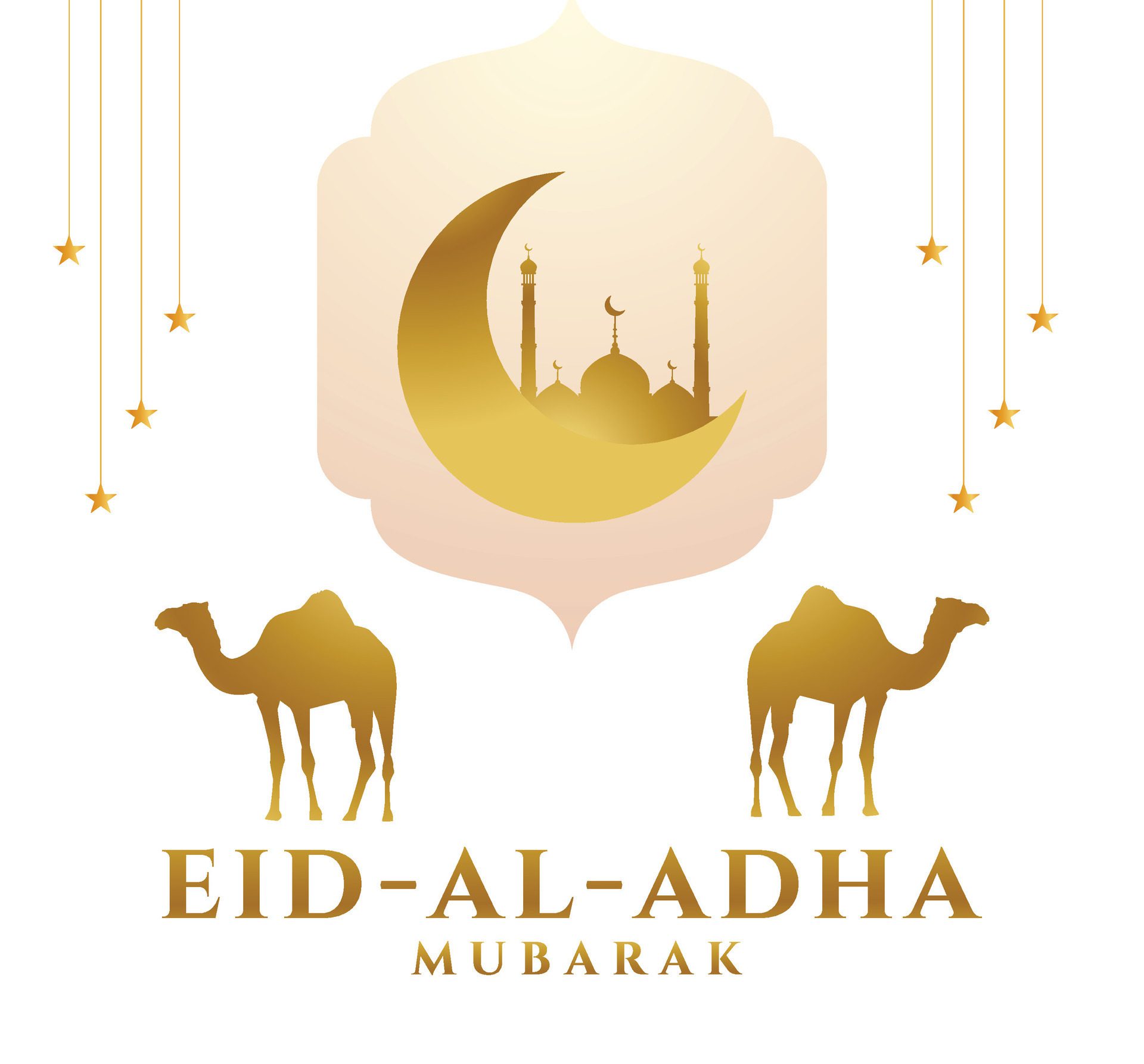 Eid al adha mubarak background, banner, greeting design with gradient gold color theme. Silhouette mosque lamb and camel. Free Vector