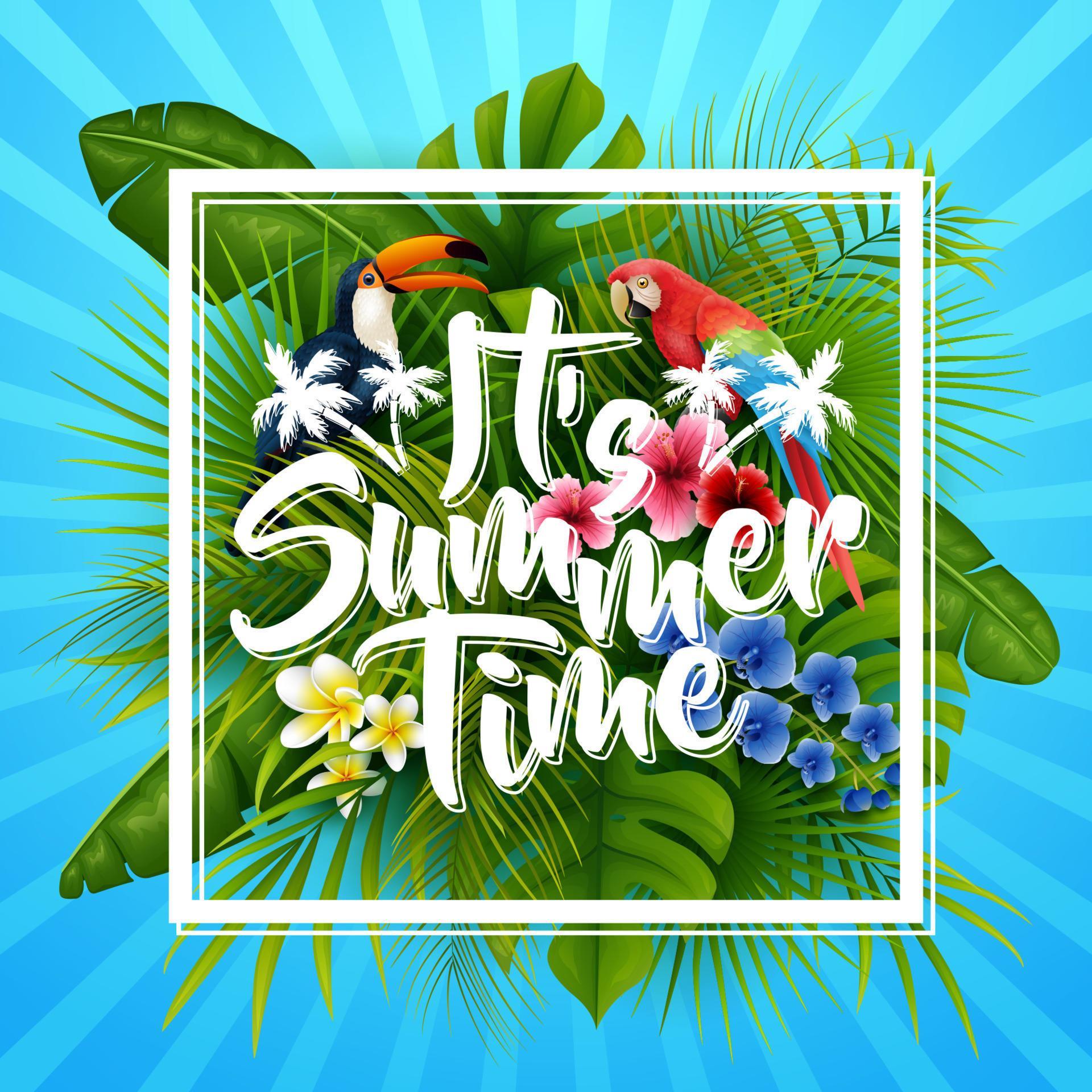 
									It’s summer time typography. striped background with tropical plants, flowers, palm leaves and parrot Stock Free