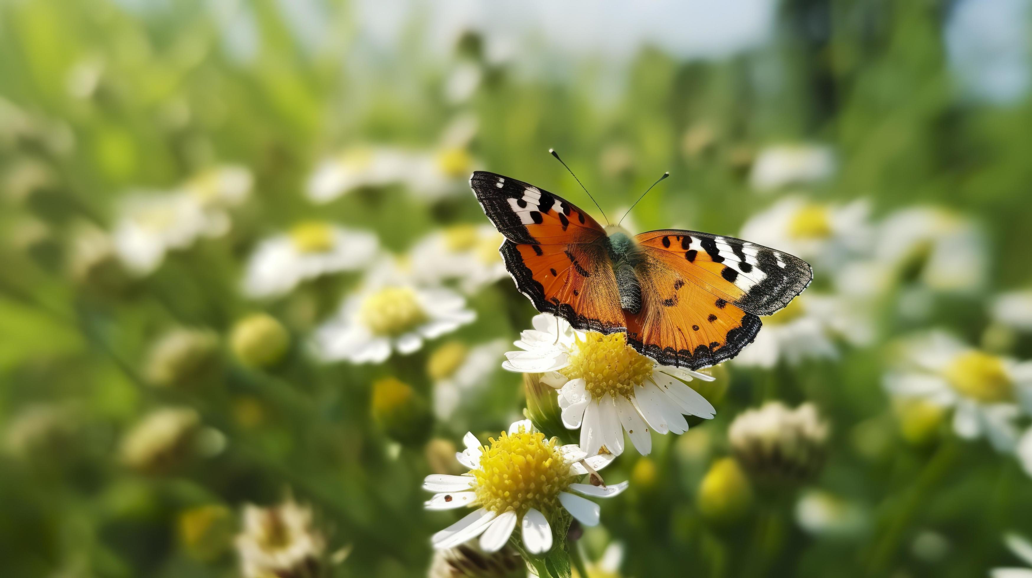 Photo the yellow orange butterfly is on the white pink flowers in the green grass fields, generat ai Stock Free