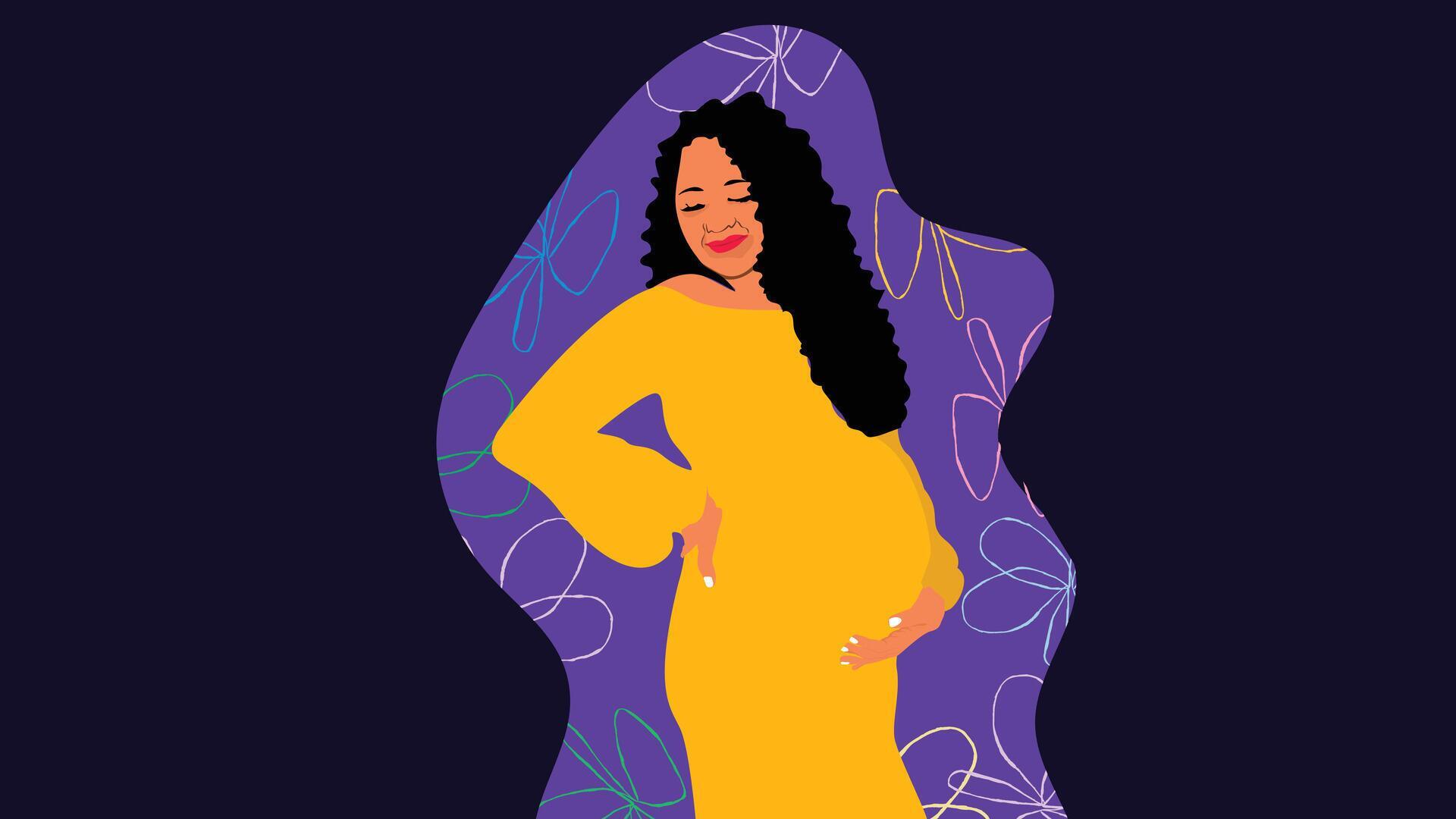 Pregnant Black African American Woman wearing yellow dress, purple background with flowers Stock Free